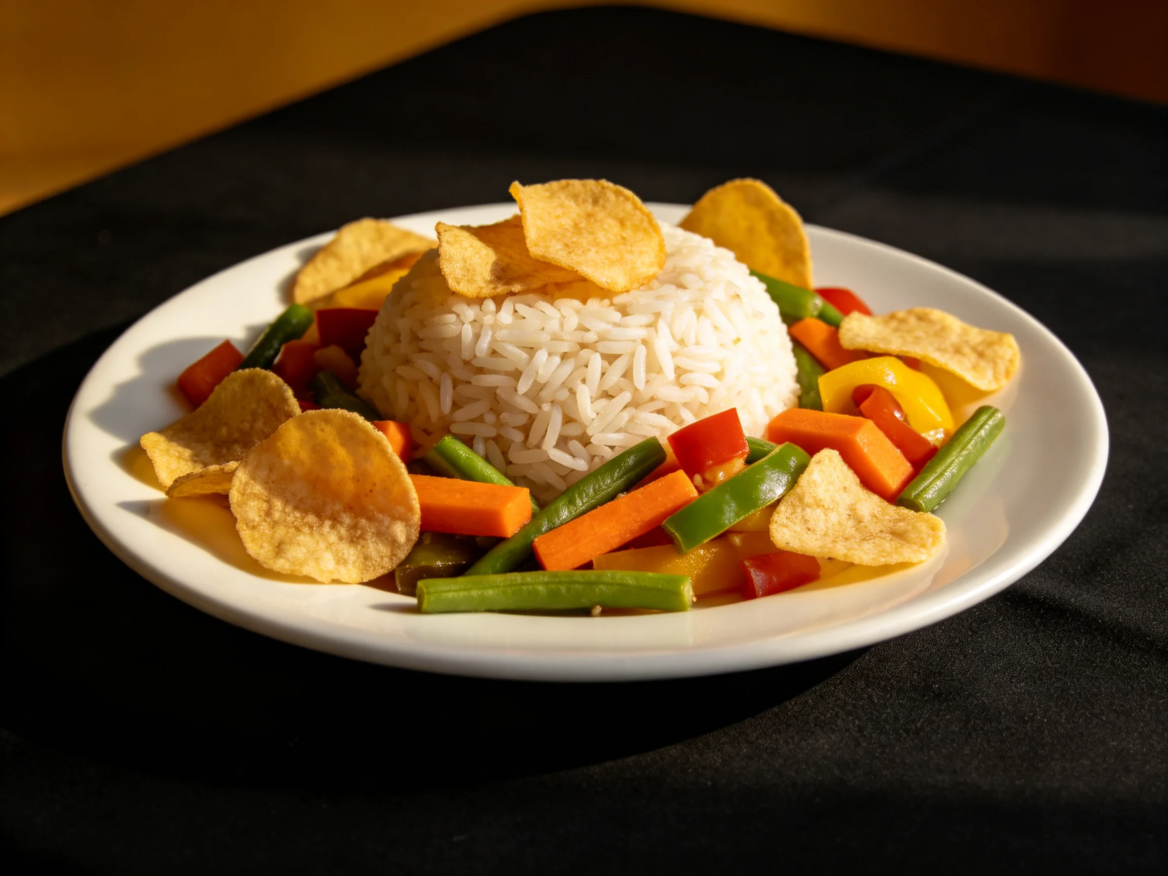 A plate with a mound of white rice, colorful mixed vegetables, and corn chips