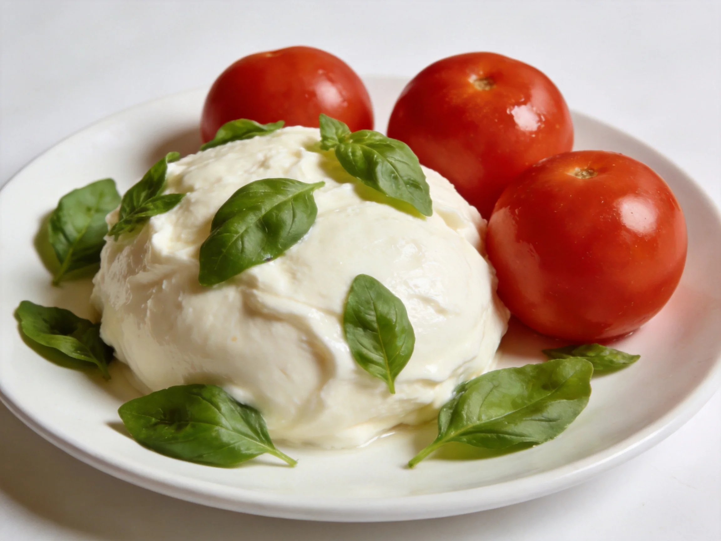 A plate with creamy mozzarella, red tomatoes, and fresh basil leaves