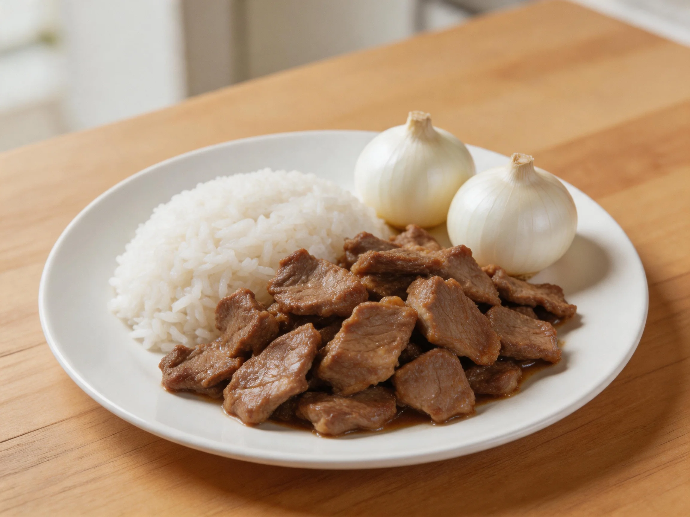 A plate with white rice, brown cooked meat, and two whole onions