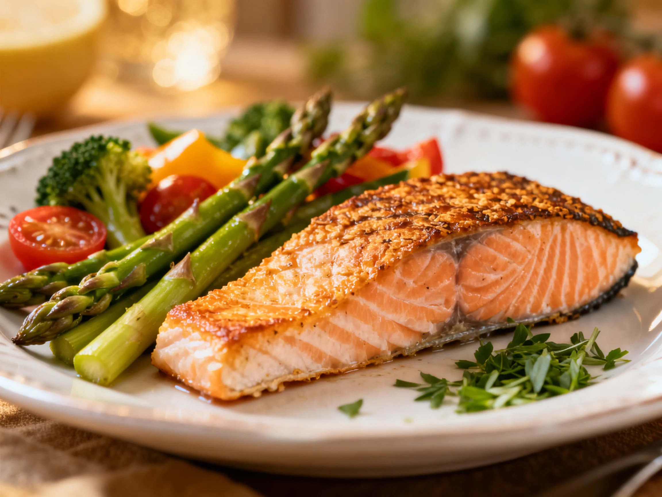 A plated dish featuring grilled salmon, asparagus, and mixed vegetables