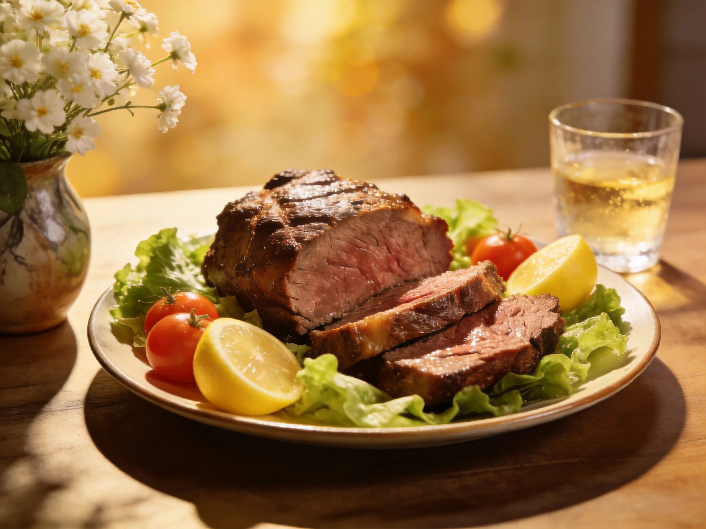 A plated roasted beef dish with lemon, tomatoes, lettuce, and a glass of wine