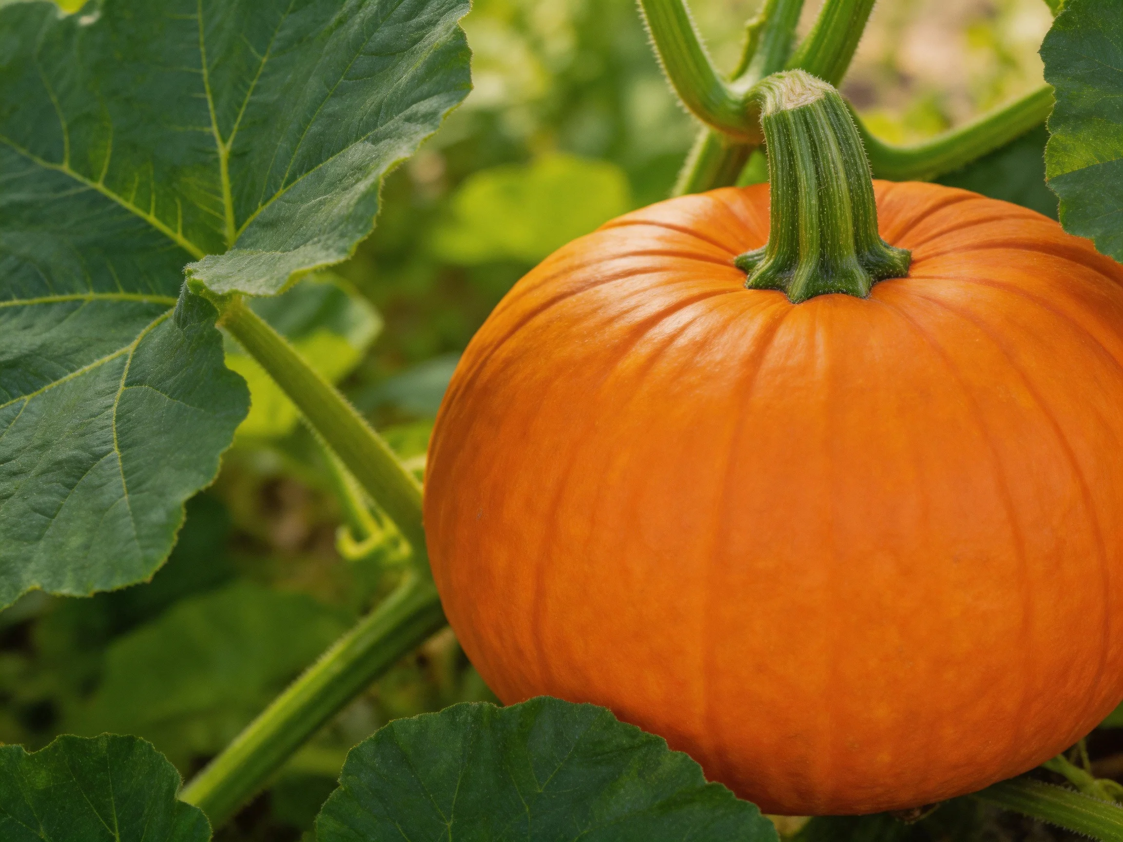 A plump orange pumpkin nestled among broad green leaves