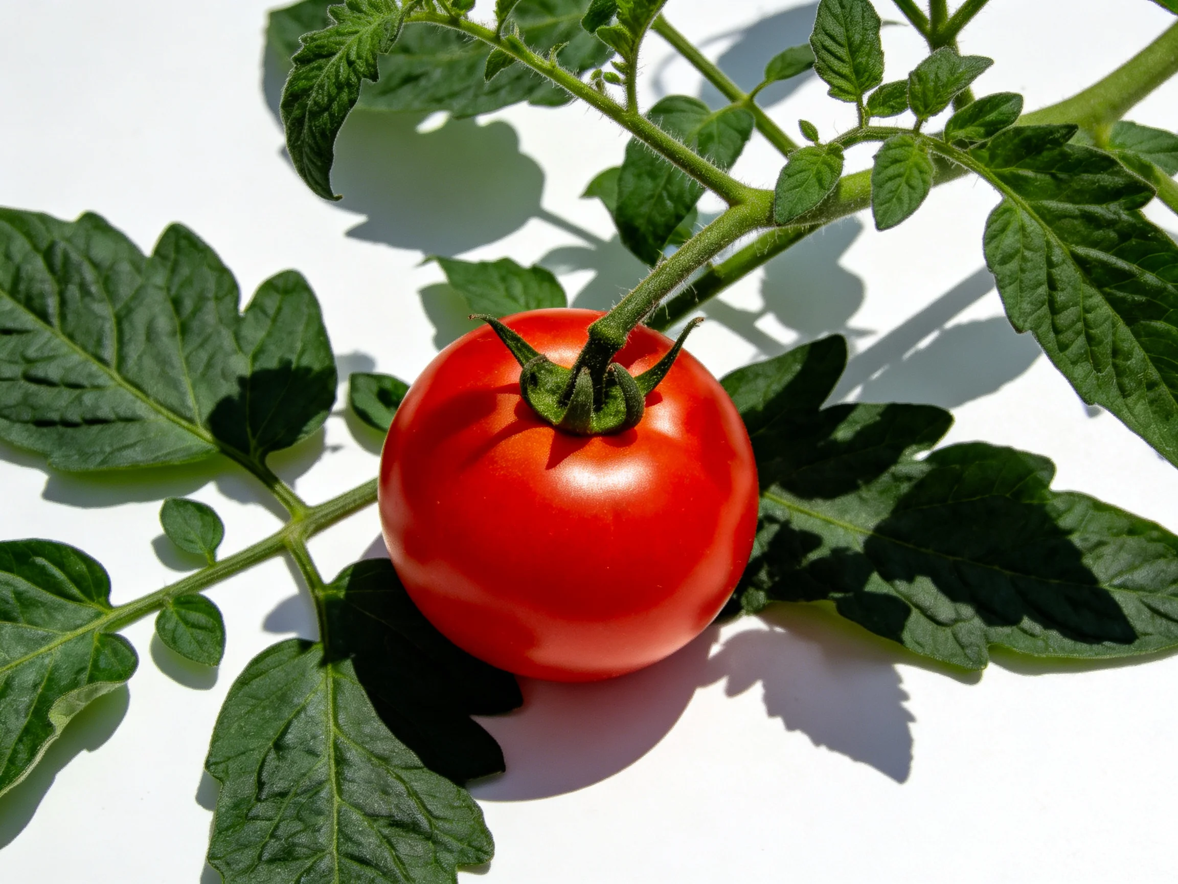 A plump red tomato attached to lush green tomato plant leaves