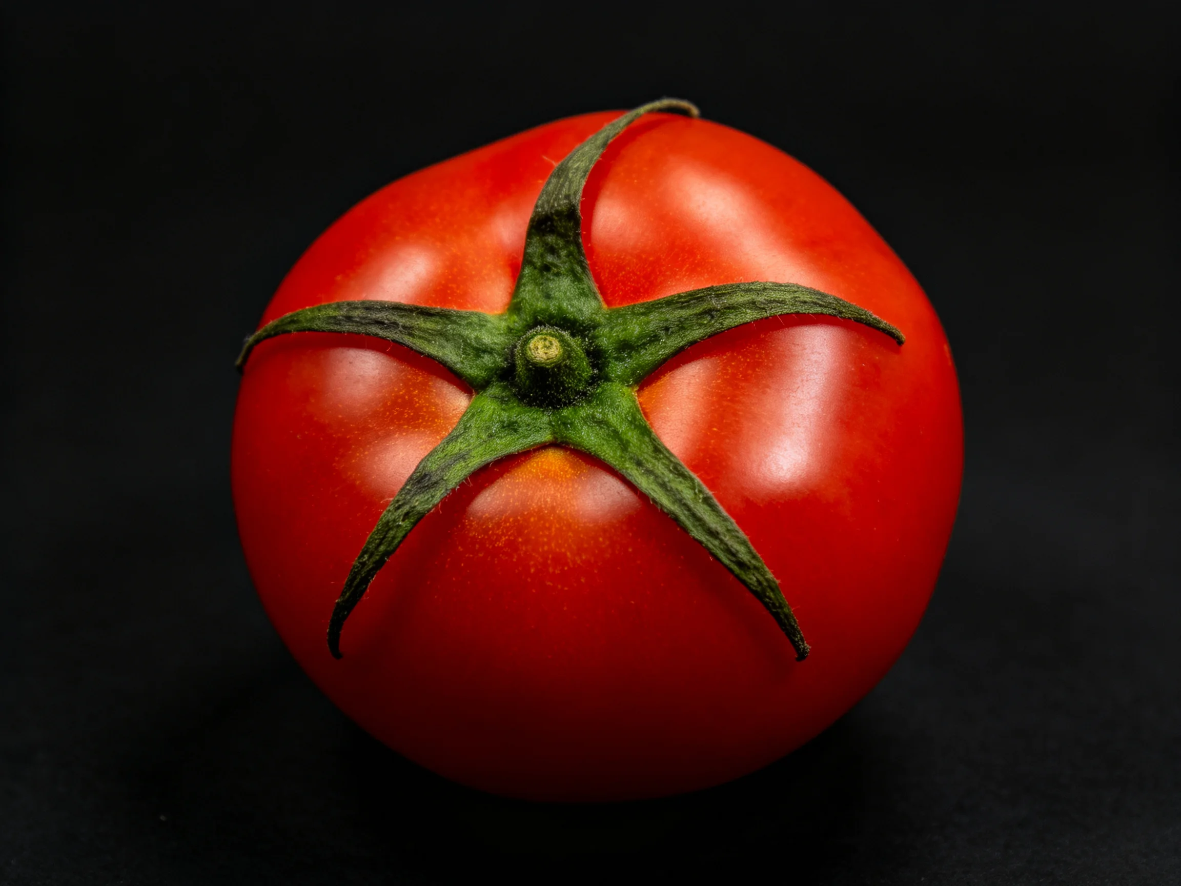A plump red tomato with green stem on a black backdrop