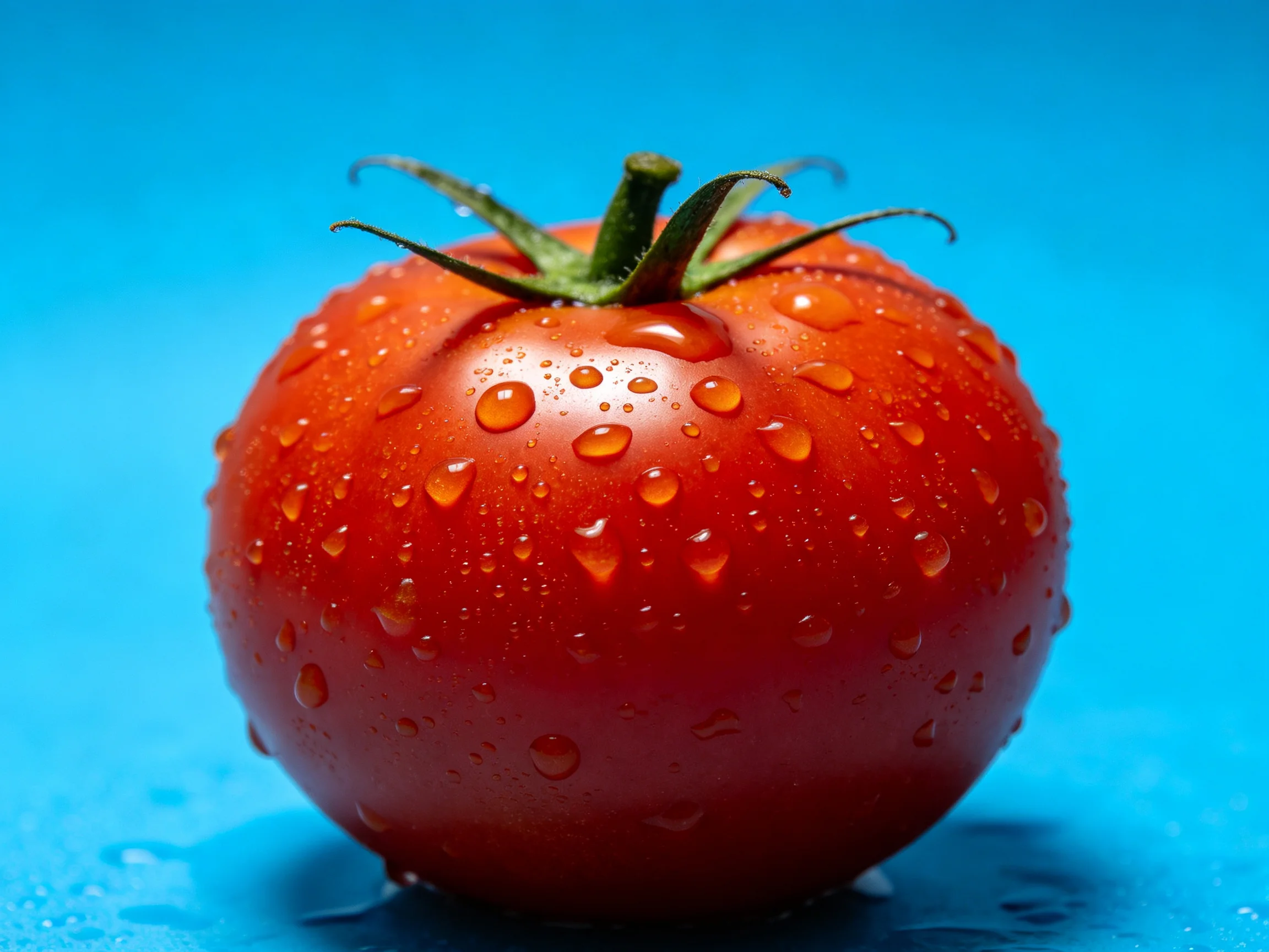 A plump red tomato with water droplets on a vivid blue surface