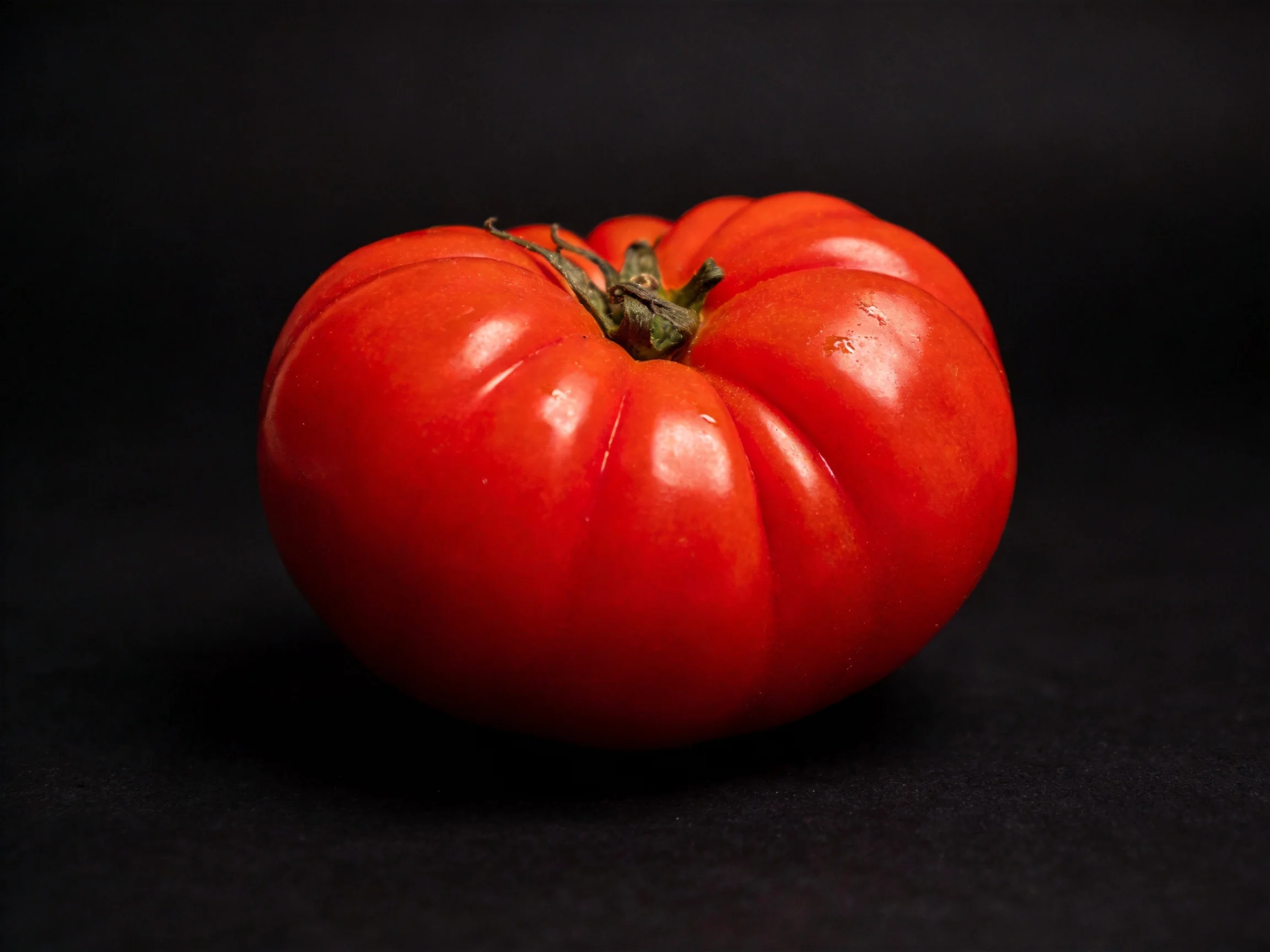 A plump, vibrant red heirloom tomato centered on a dark backdrop
