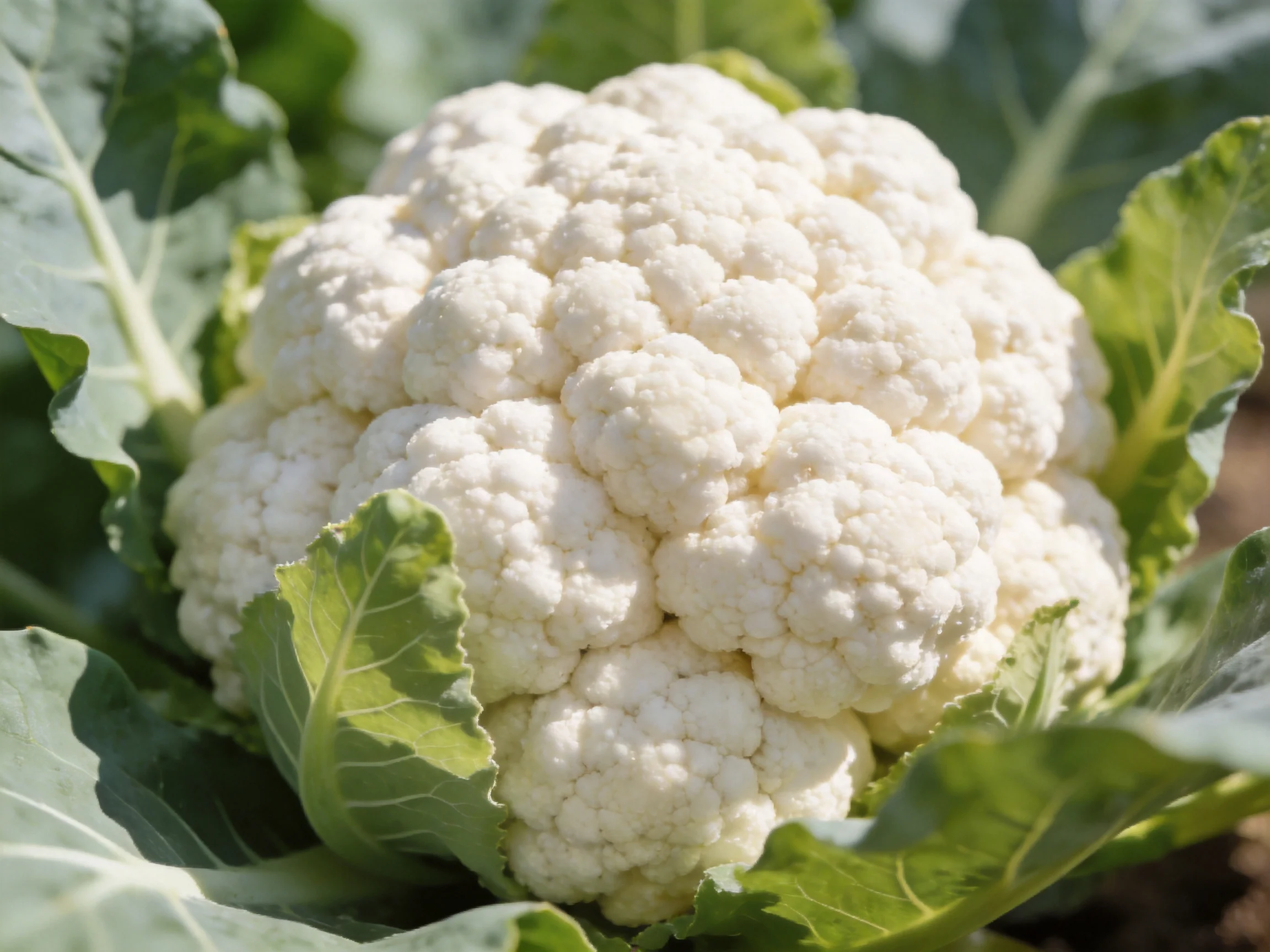 A plump white cauliflower nestled among broad green leaves