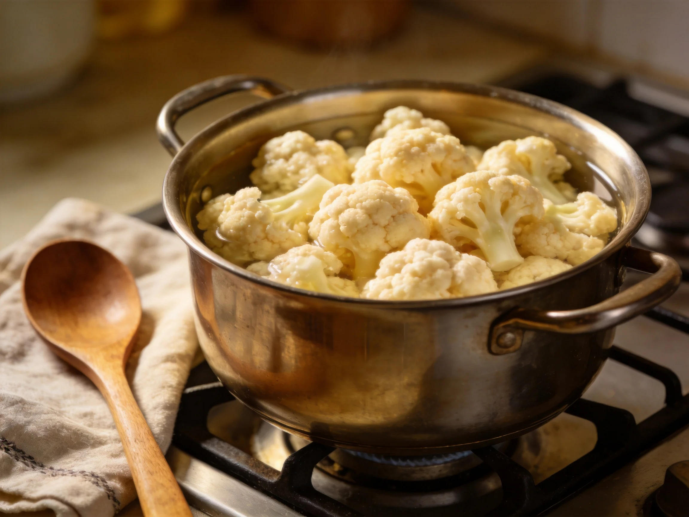 A polished stainless steel pot holds fresh cauliflower on a gas stove