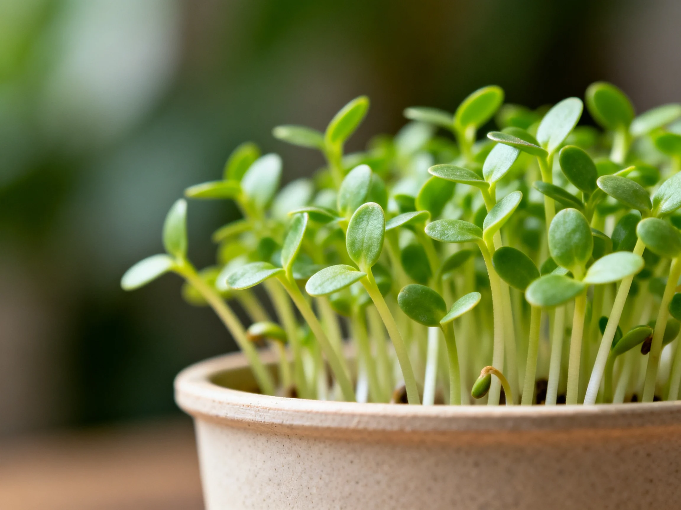 A pot filled with dense clusters of small green seedlings