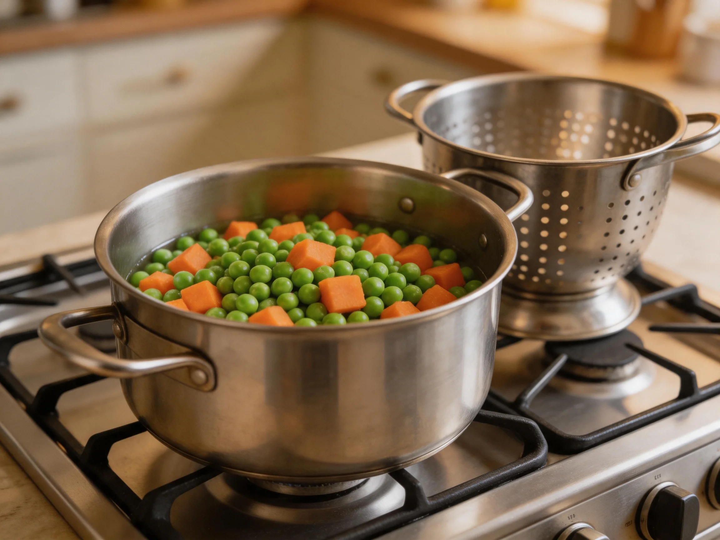 A pot of green peas and orange carrot cubes boiling on a stainless steel stove