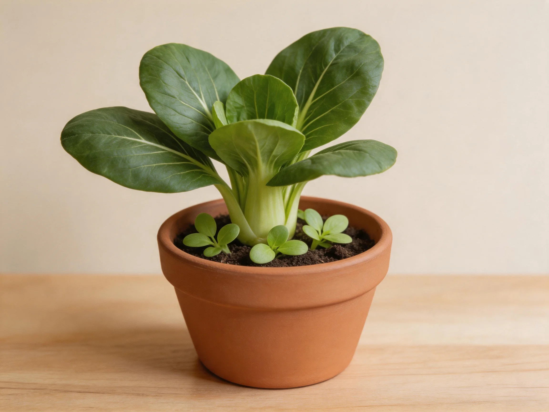 A potted bok choy plant with small green seedlings in a terracotta flowerpot