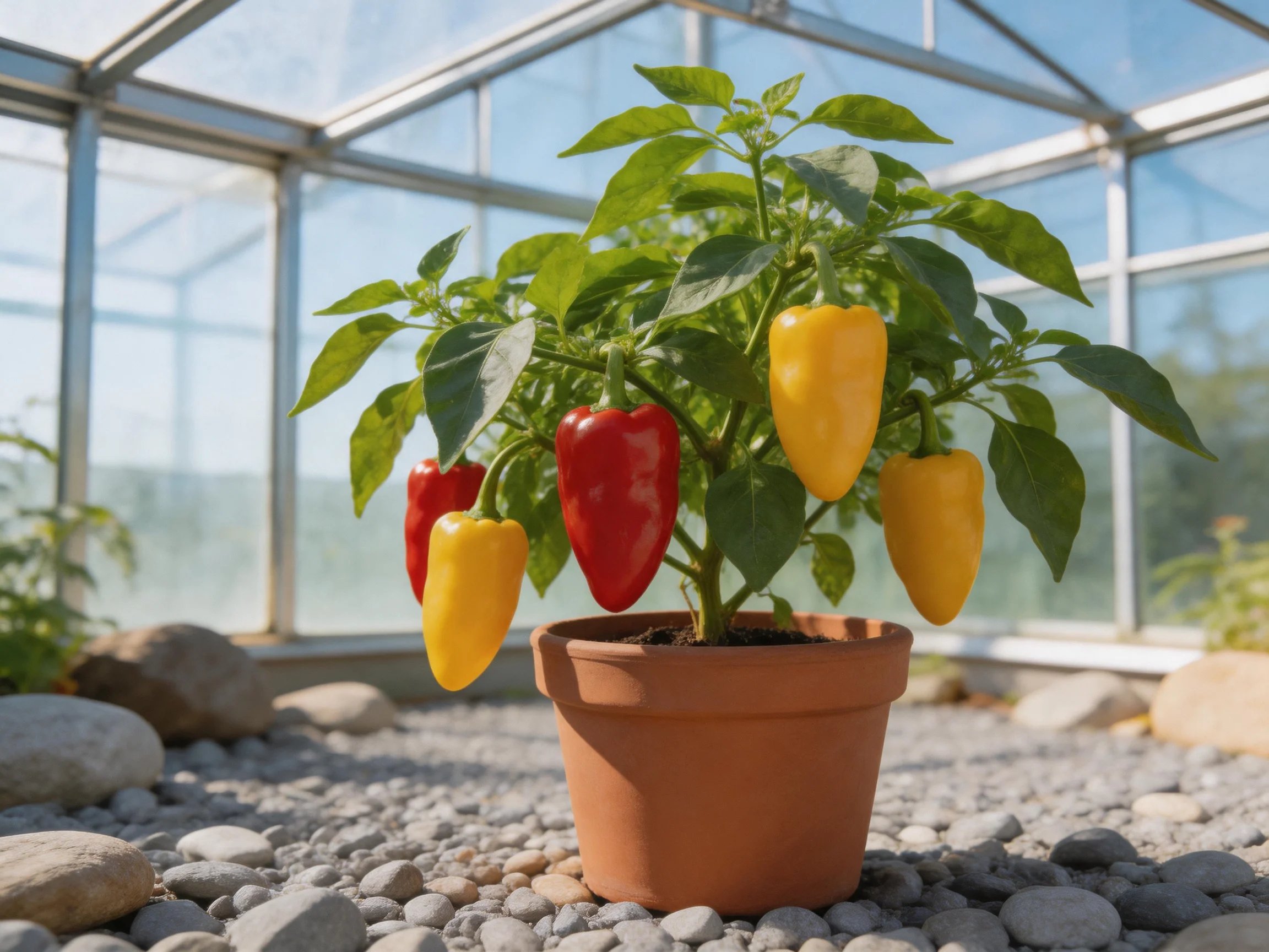 A potted pepper plant with red and yellow peppers in a glass greenhouse with pebbles