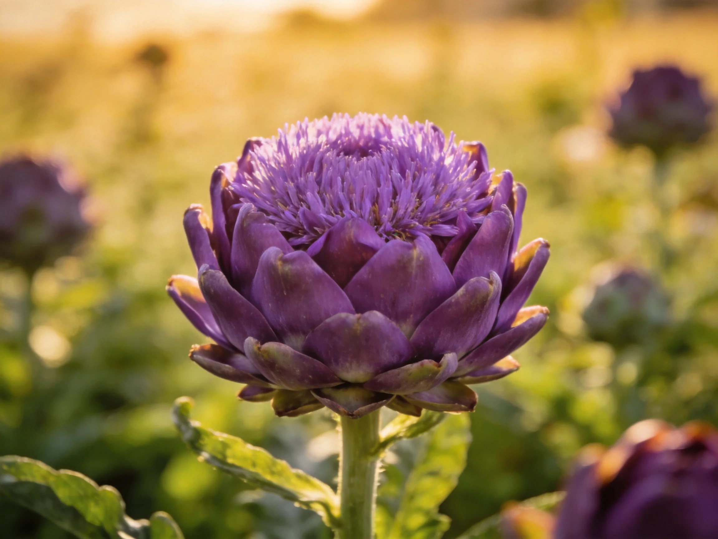 A prominent purple artichoke blooms amid sunlit field companions