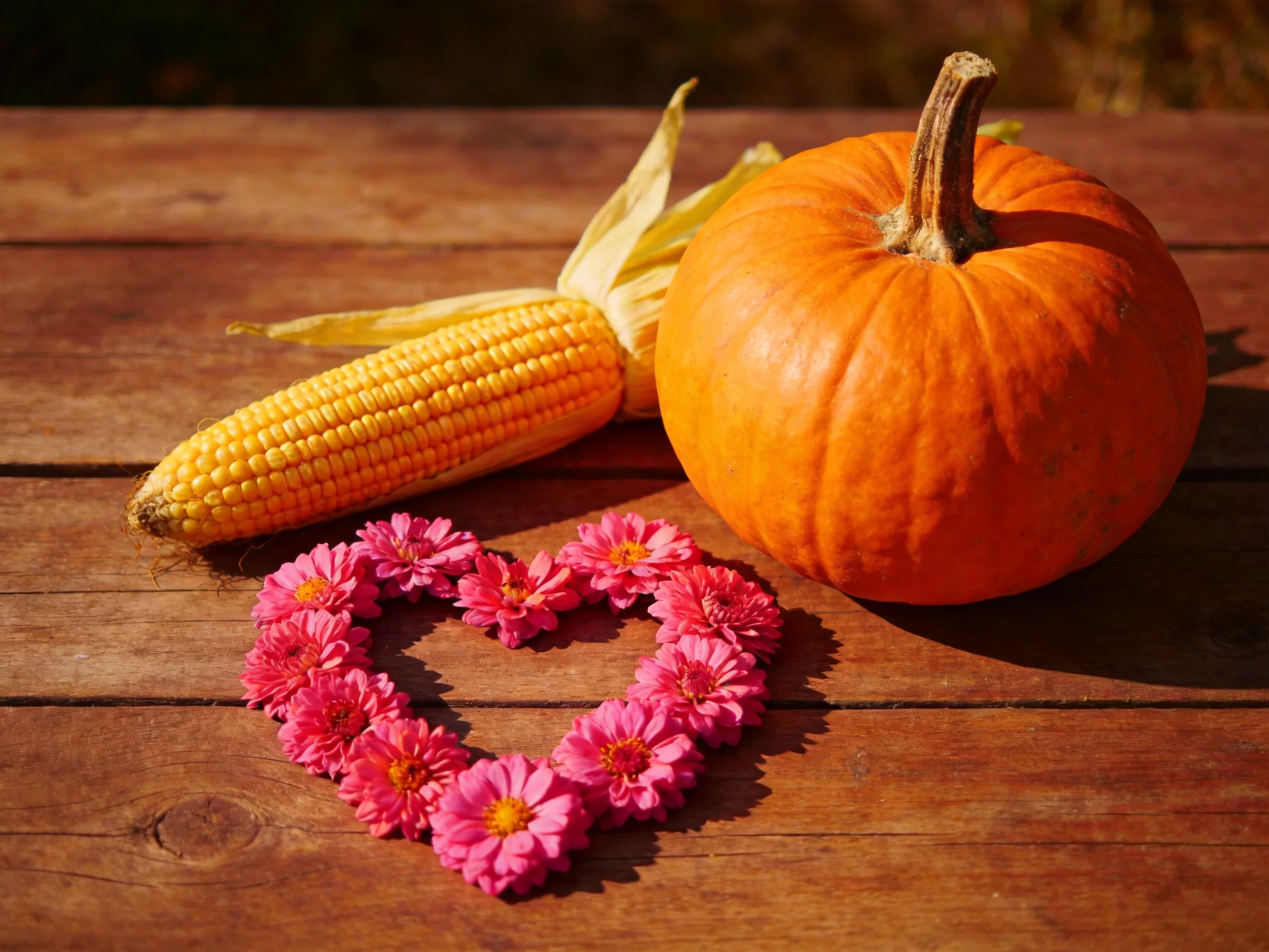 A pumpkin, corn cob, and pink flower heart on a wooden table