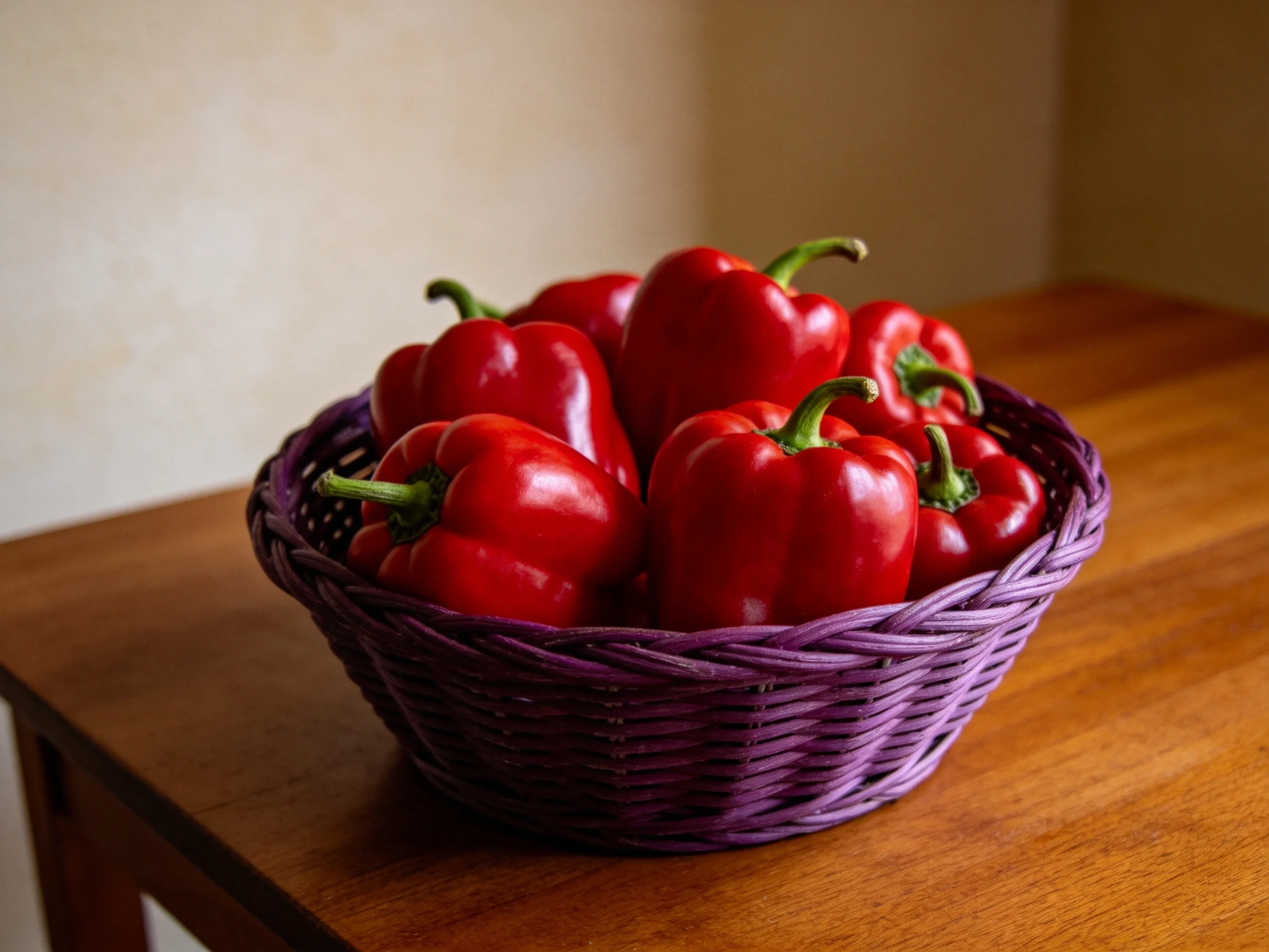 A purple basket filled with vibrant red bell peppers sits atop a wooden table