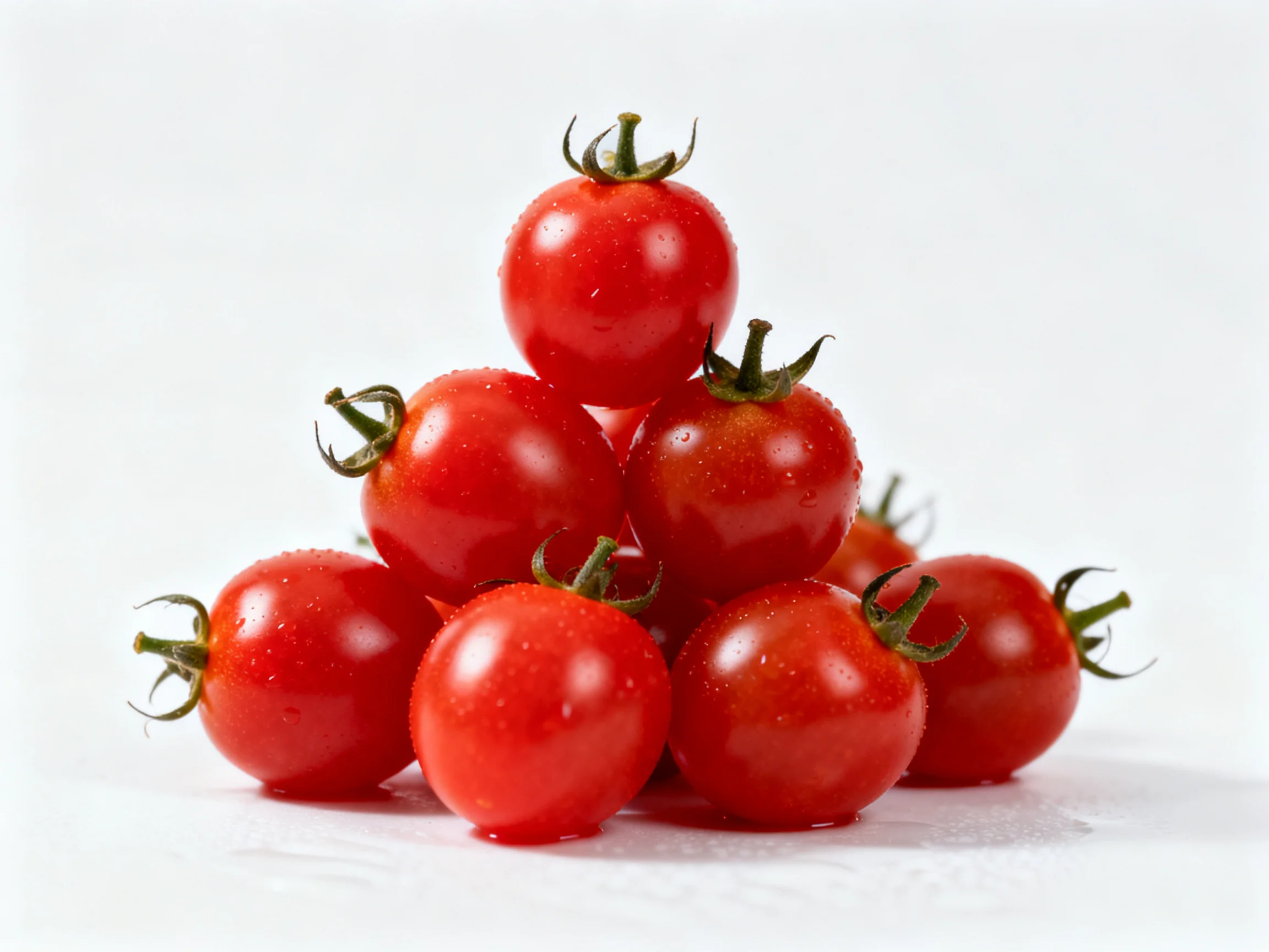 A pyramid arrangement of glossy red cherry tomatoes with green stems