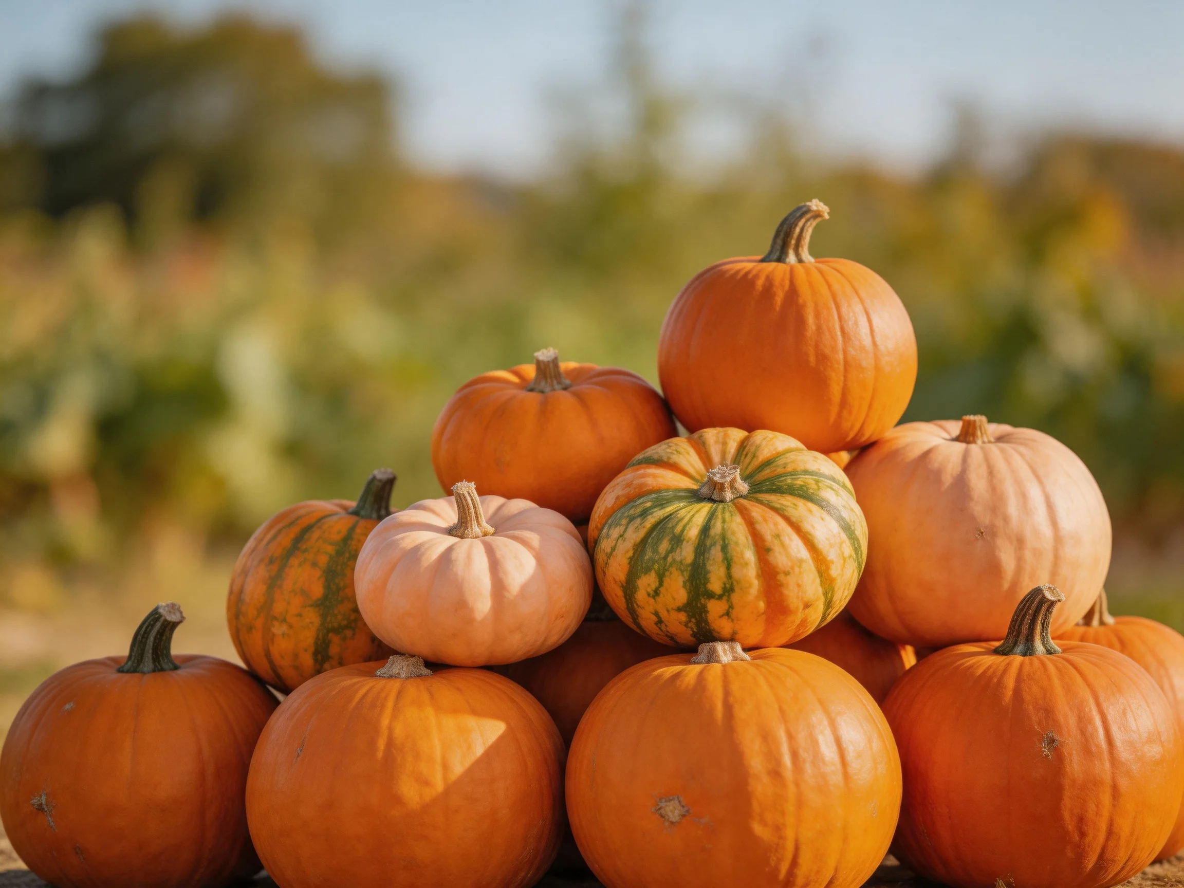 A pyramid of assorted pumpkins in orange, cream, and green-striped tones