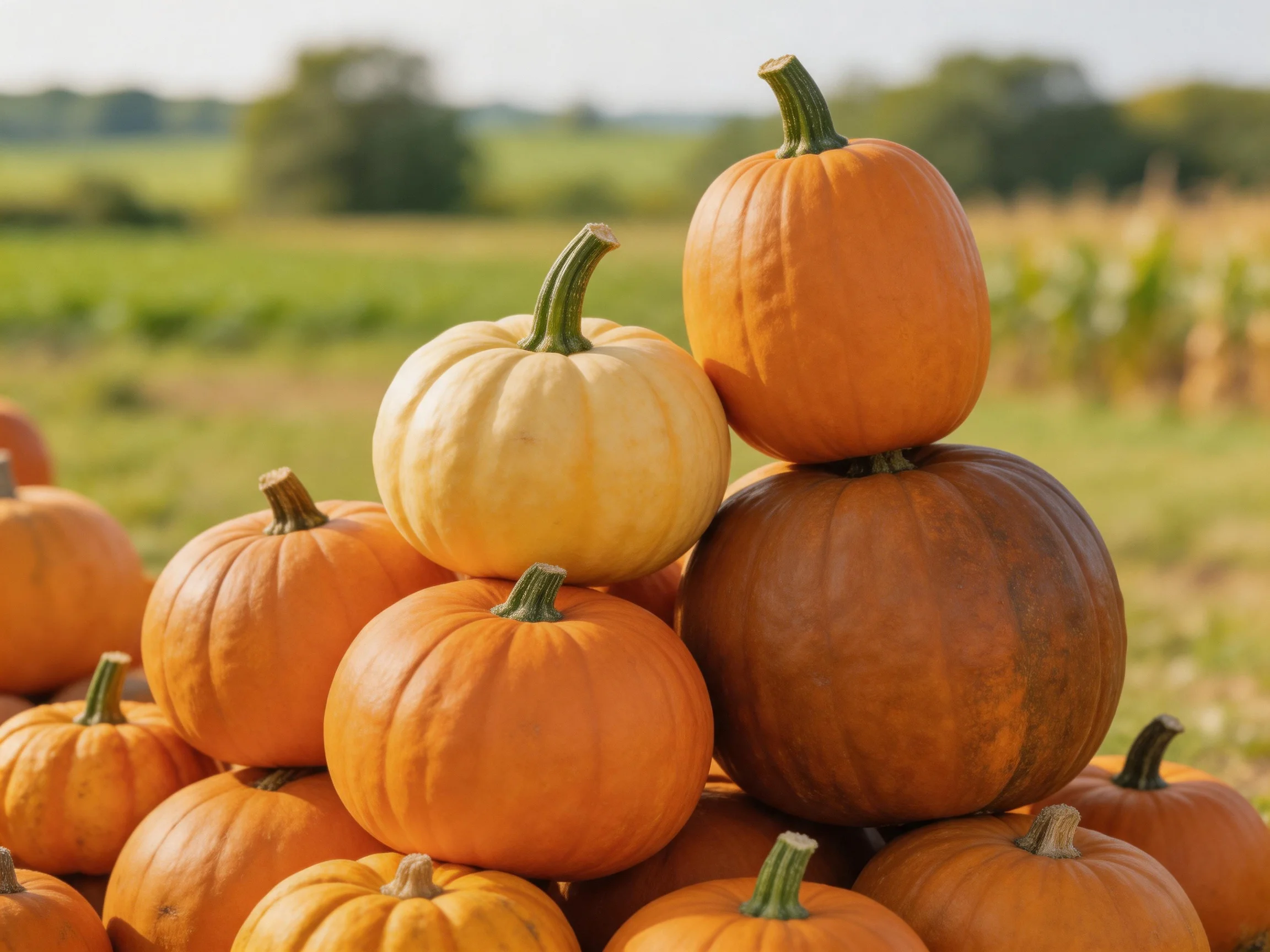 A pyramid of assorted-sized pumpkins in orange, brown, and cream outdoors