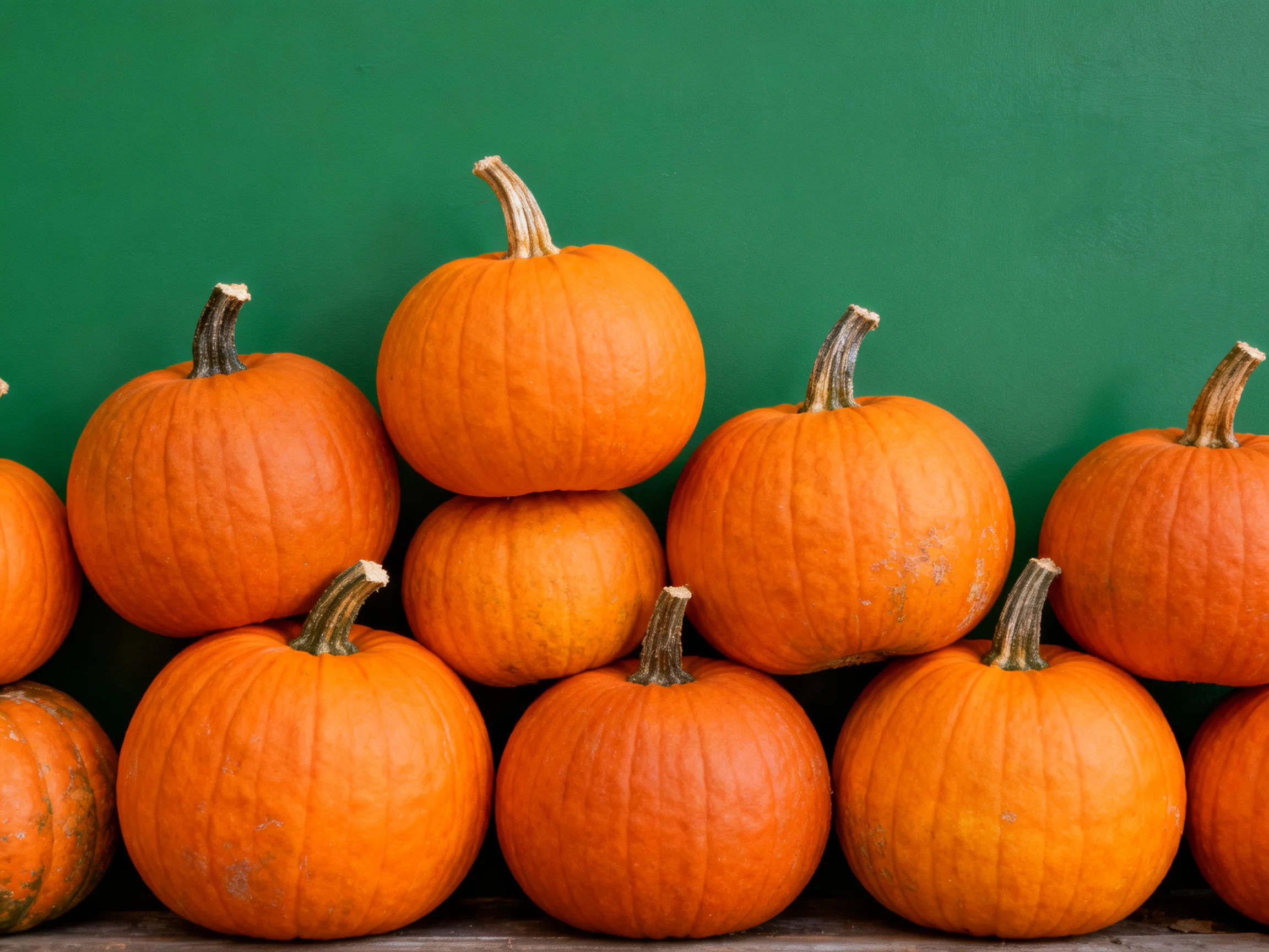 A pyramid of bright orange pumpkins against a solid green wall