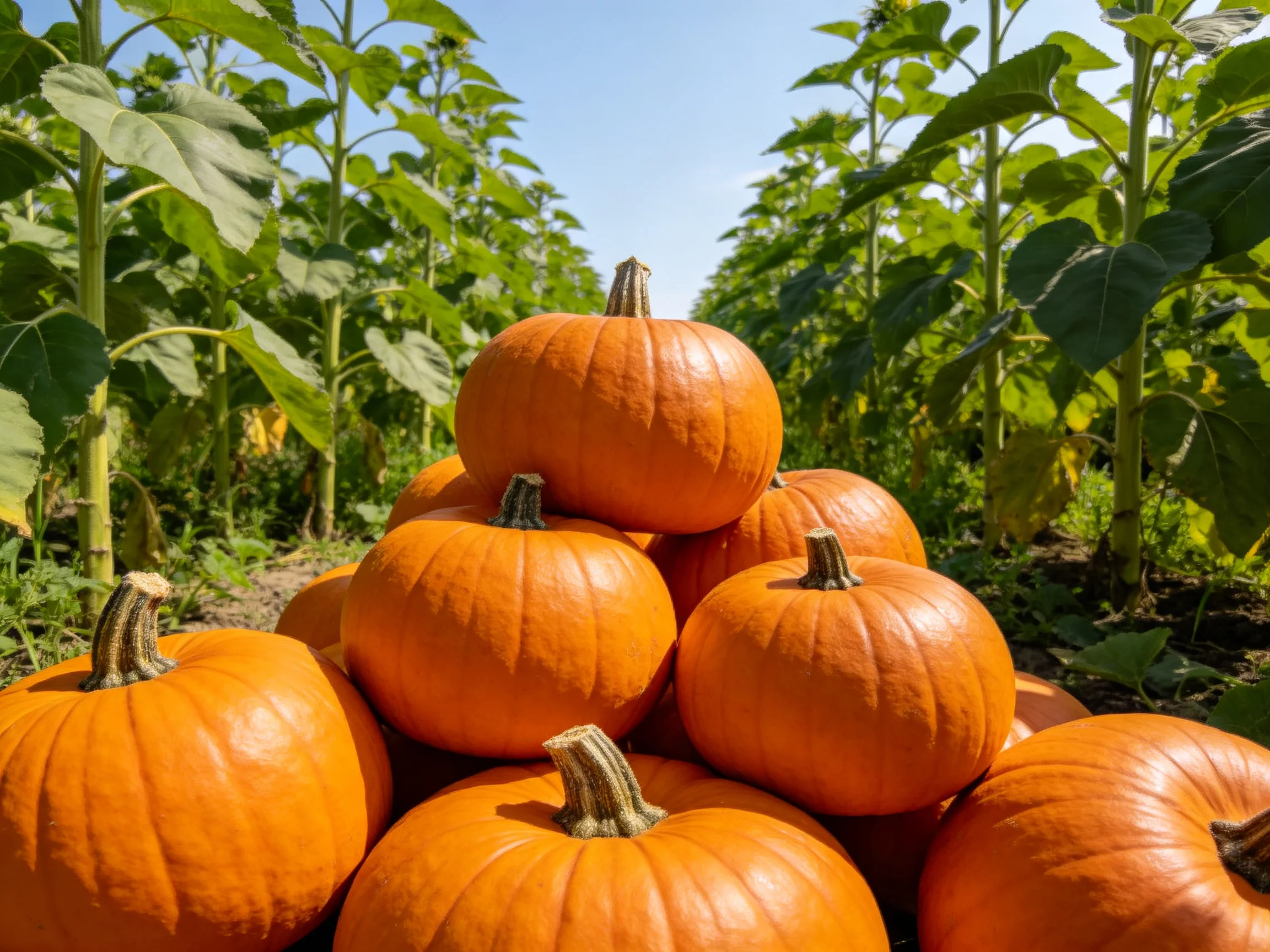 A pyramid of bright orange pumpkins amidst lush green plants