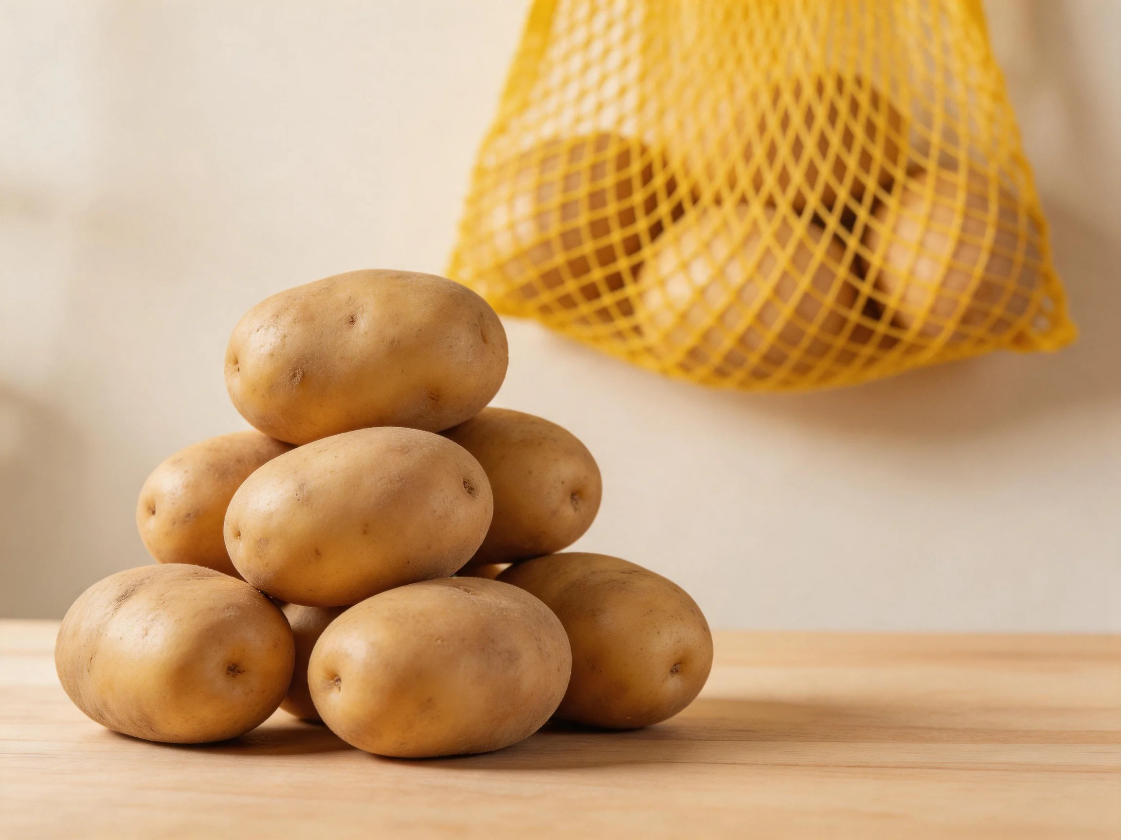 A pyramid of brown potatoes beside a yellow mesh bag with potatoes