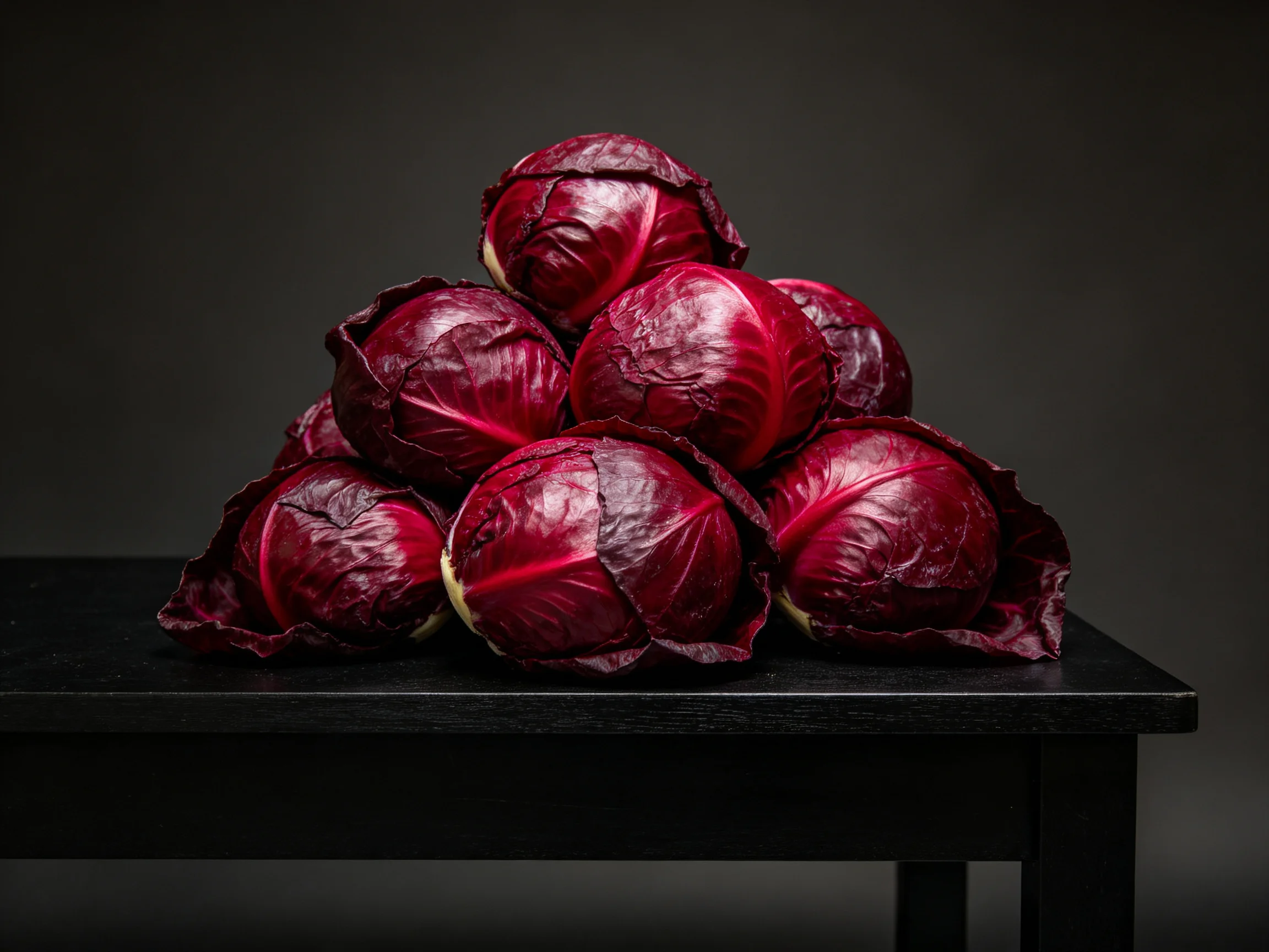A pyramid of deep crimson cabbages arranged on a black table