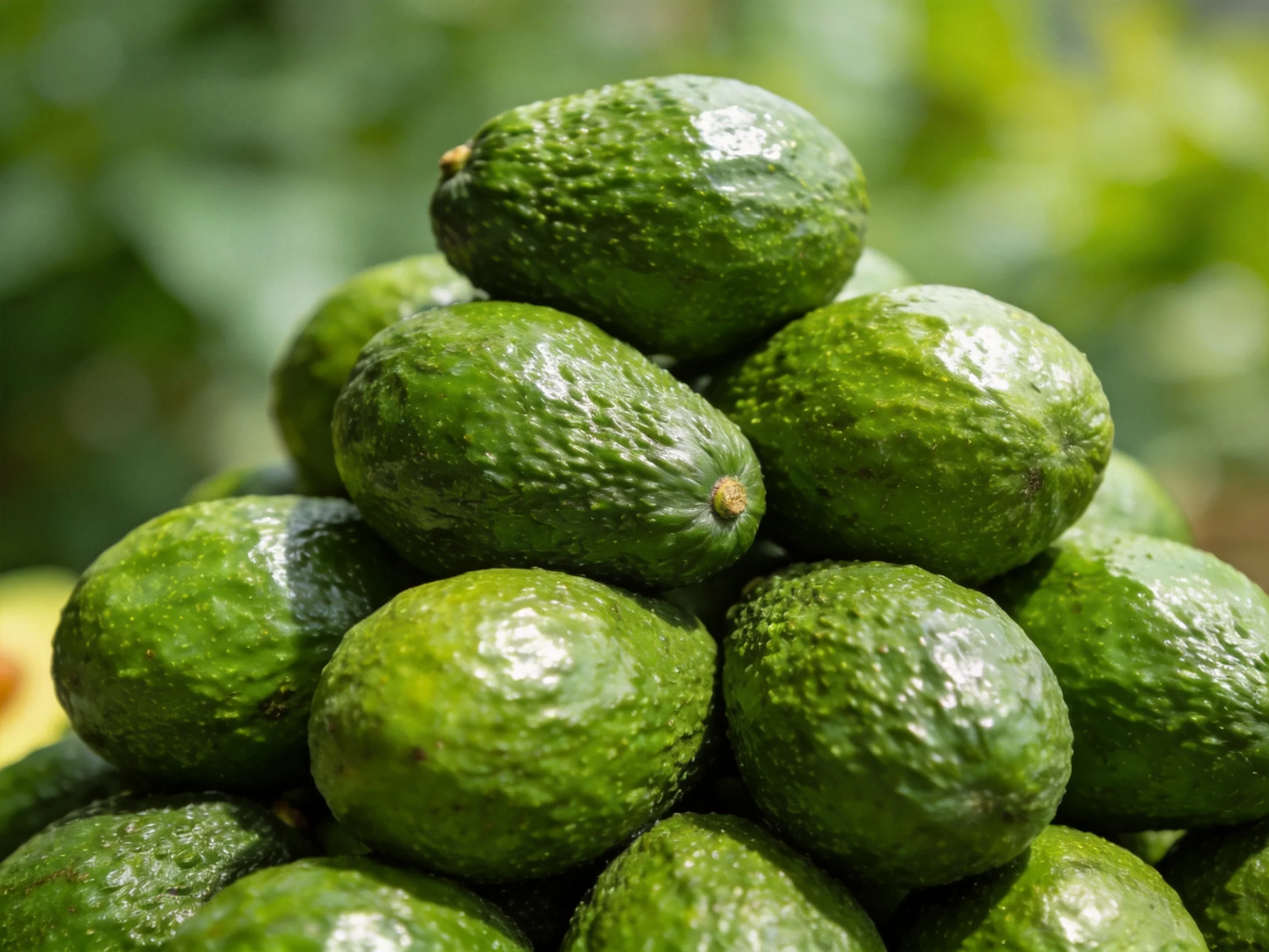 A pyramid of fresh green avocados displayed outdoors