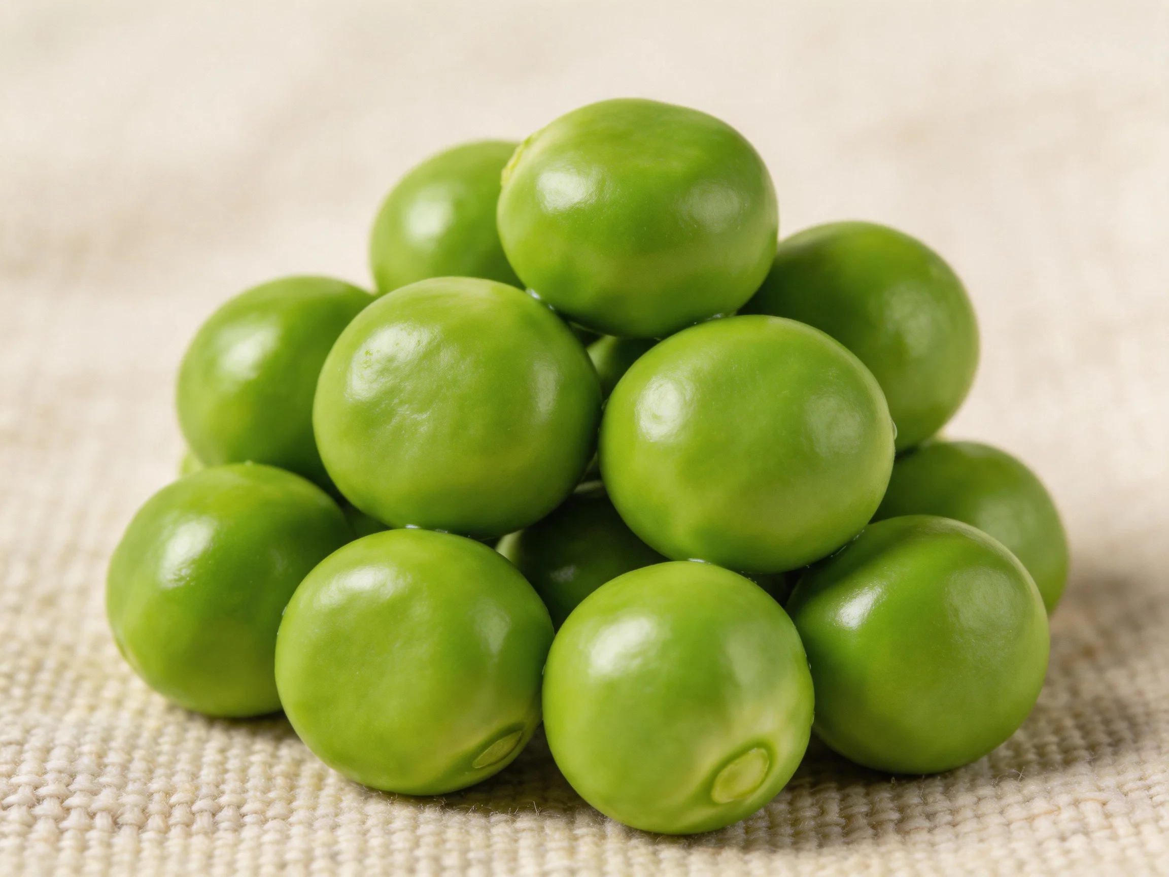 A pyramid of fresh green peas on a textured beige fabric