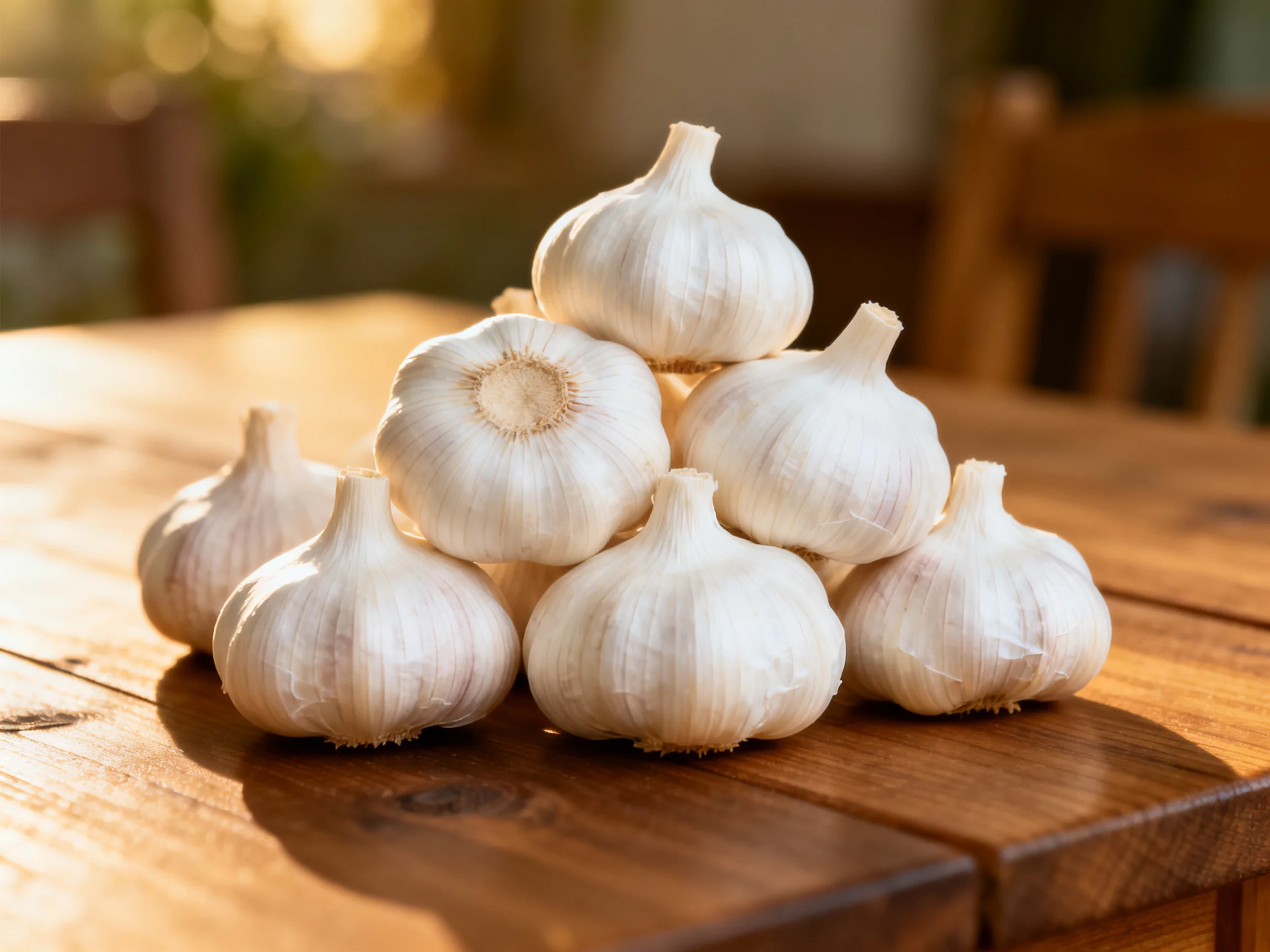A pyramid of fresh white garlic bulbs arranged on a wooden table