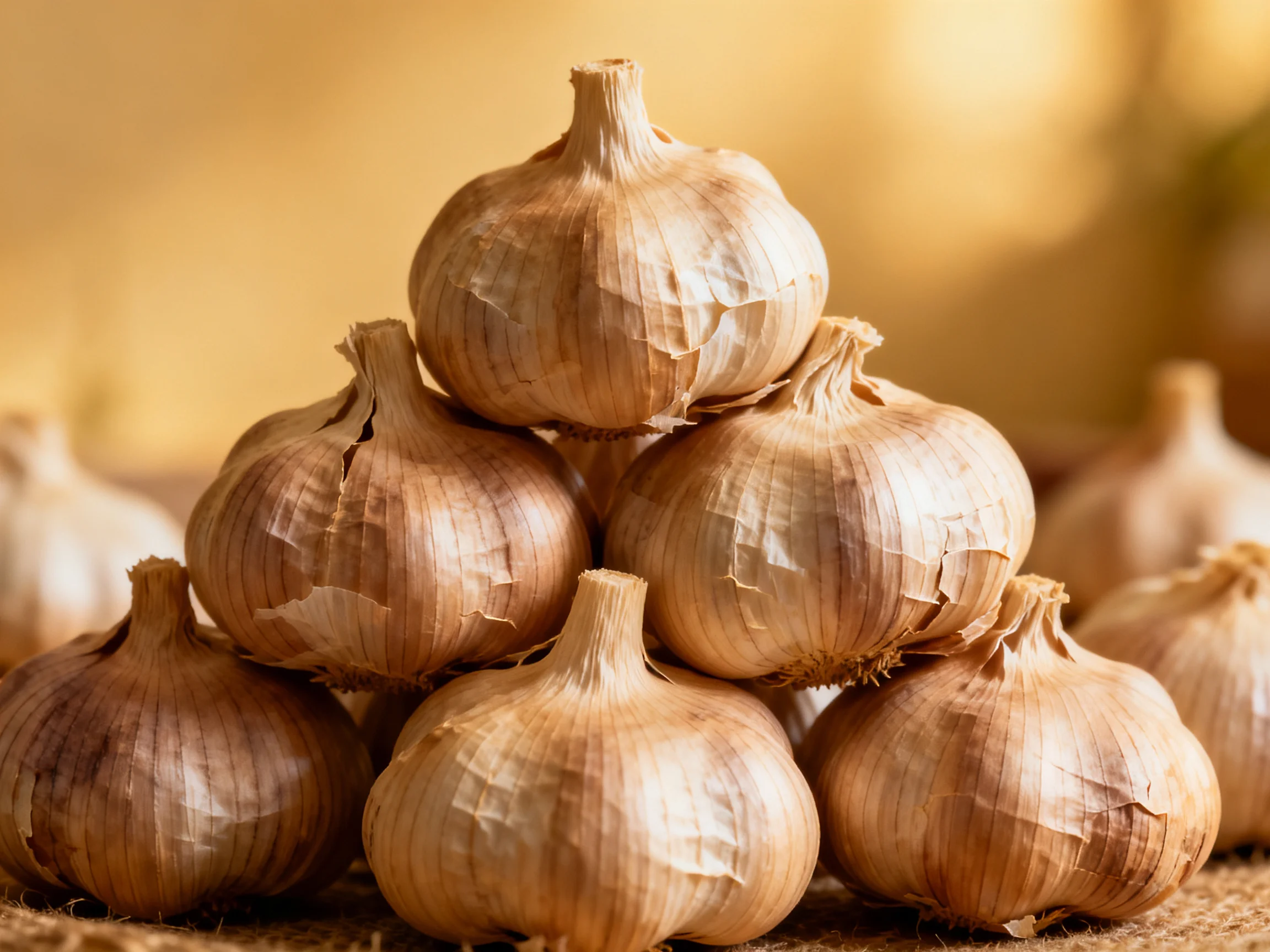 A pyramid of garlic bulbs with earthy-toned skins