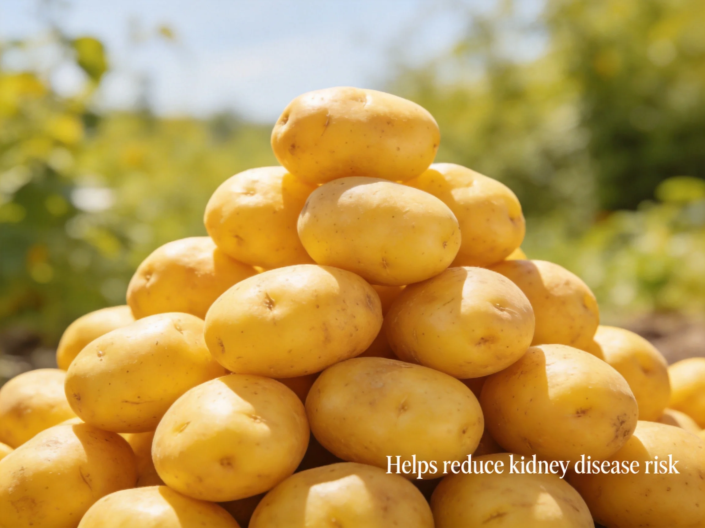 A pyramid of golden-yellow potatoes in an outdoor environment