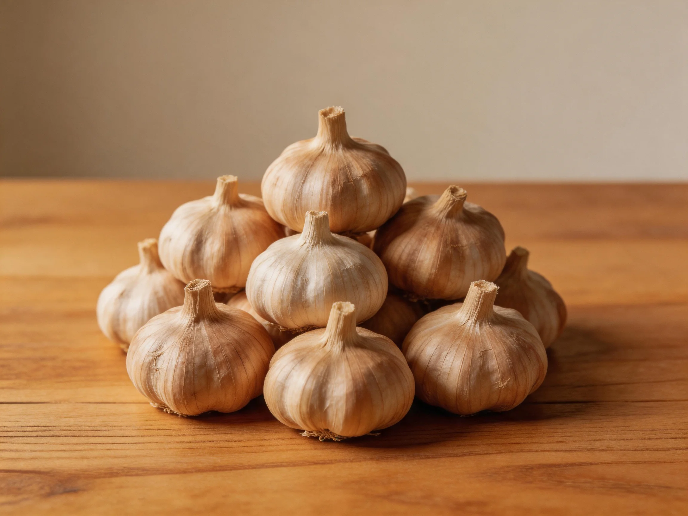 A pyramid of light-brown garlicbulbs arranged on a polished wooden surface