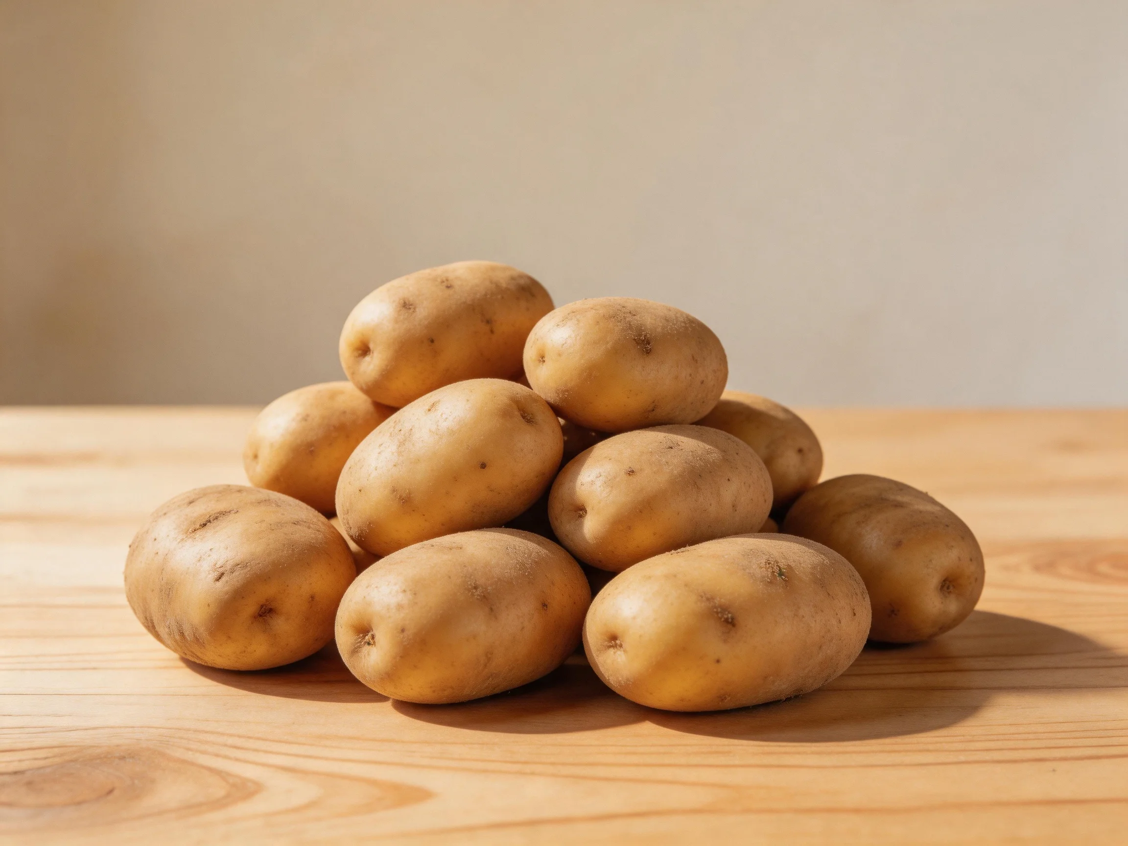 A pyramid of light brown potatoes arranged on a wooden table