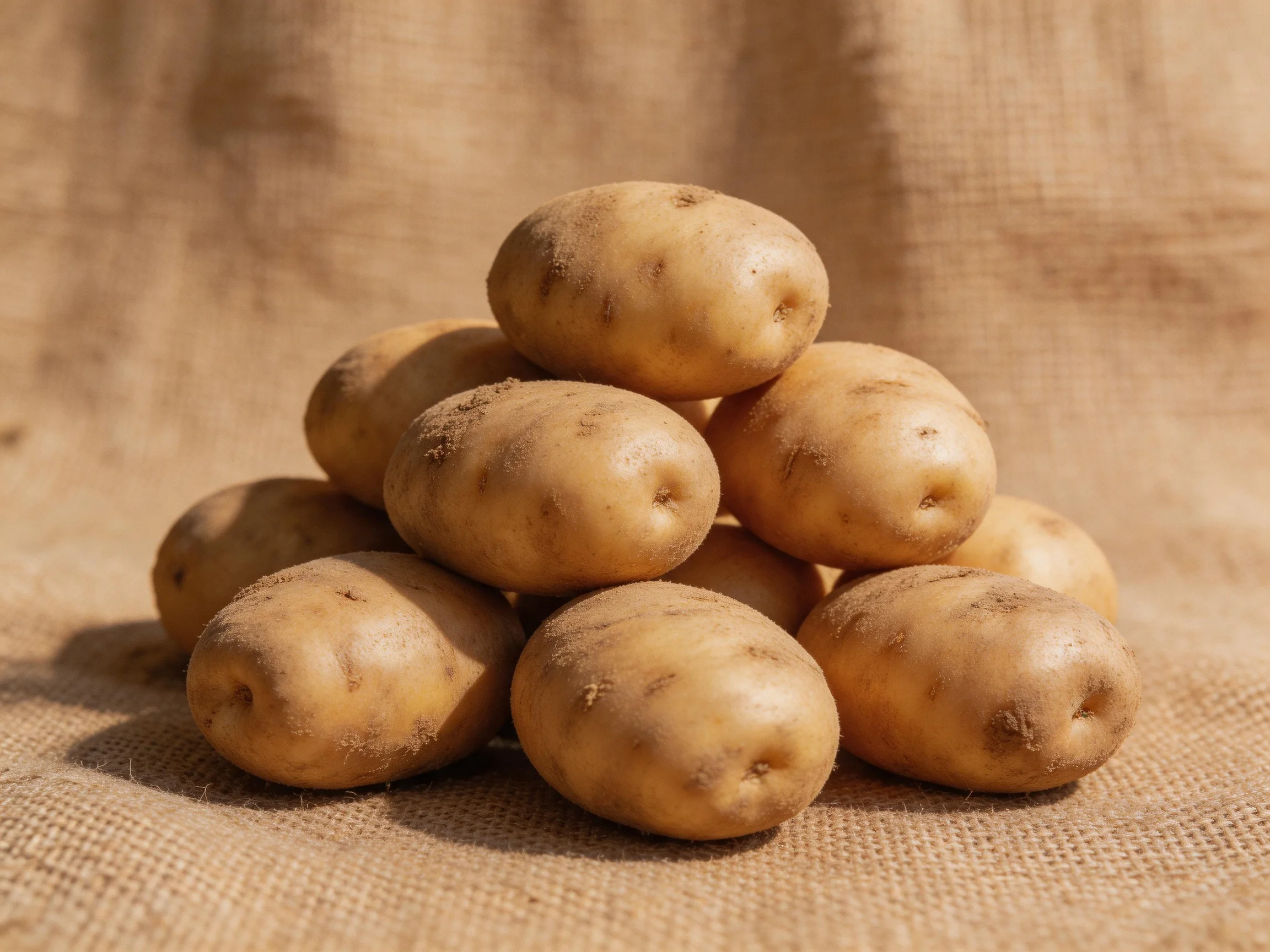 A pyramid of light-brown potatoes arranged on textured burlap fabric