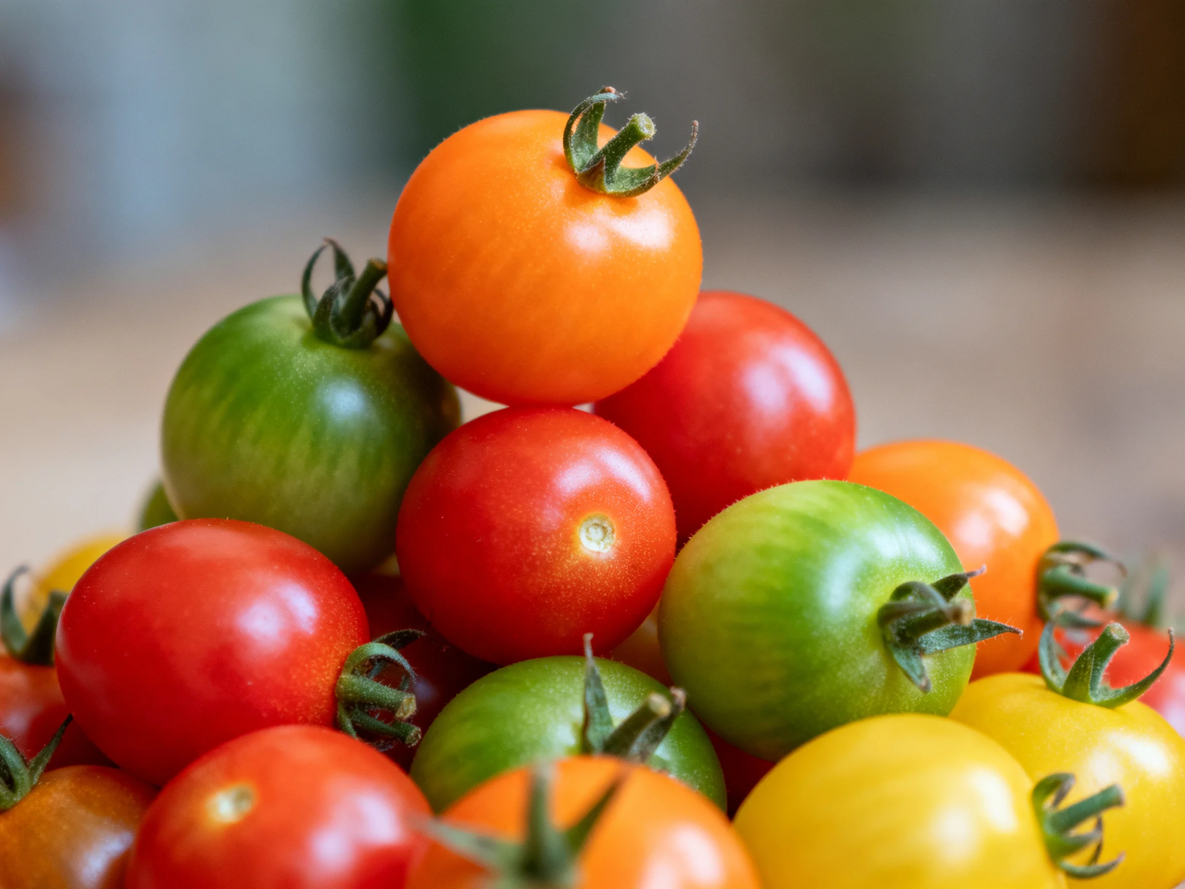 A pyramid of multicolored cherry tomatoes in vibrant hues