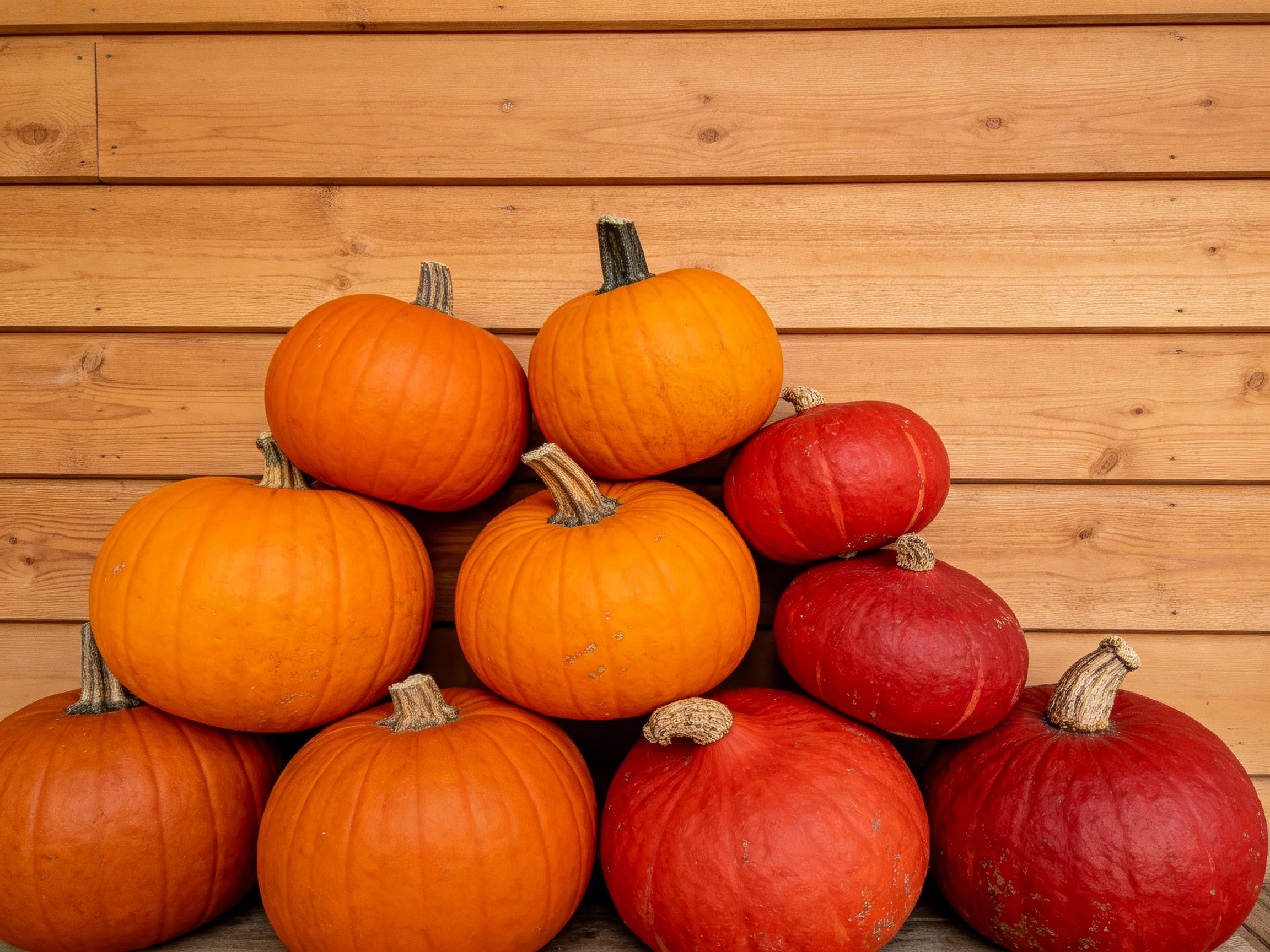 A pyramid of orange and red pumpkins near a wooden plank wall
