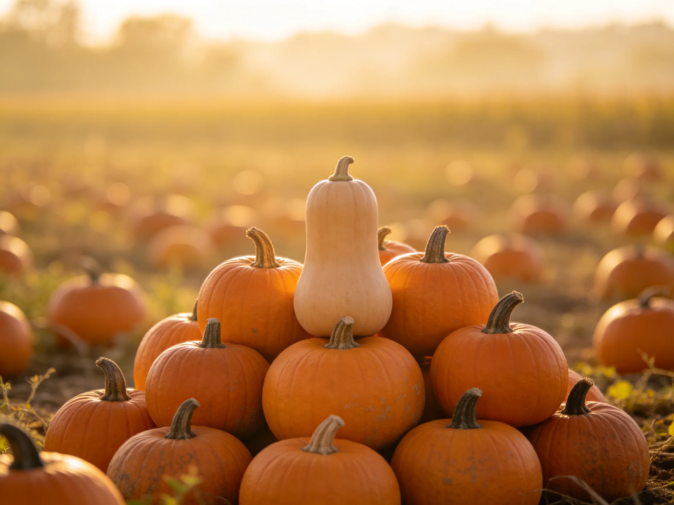 A pyramid of orange pumpkins with a single white squash in a golden field