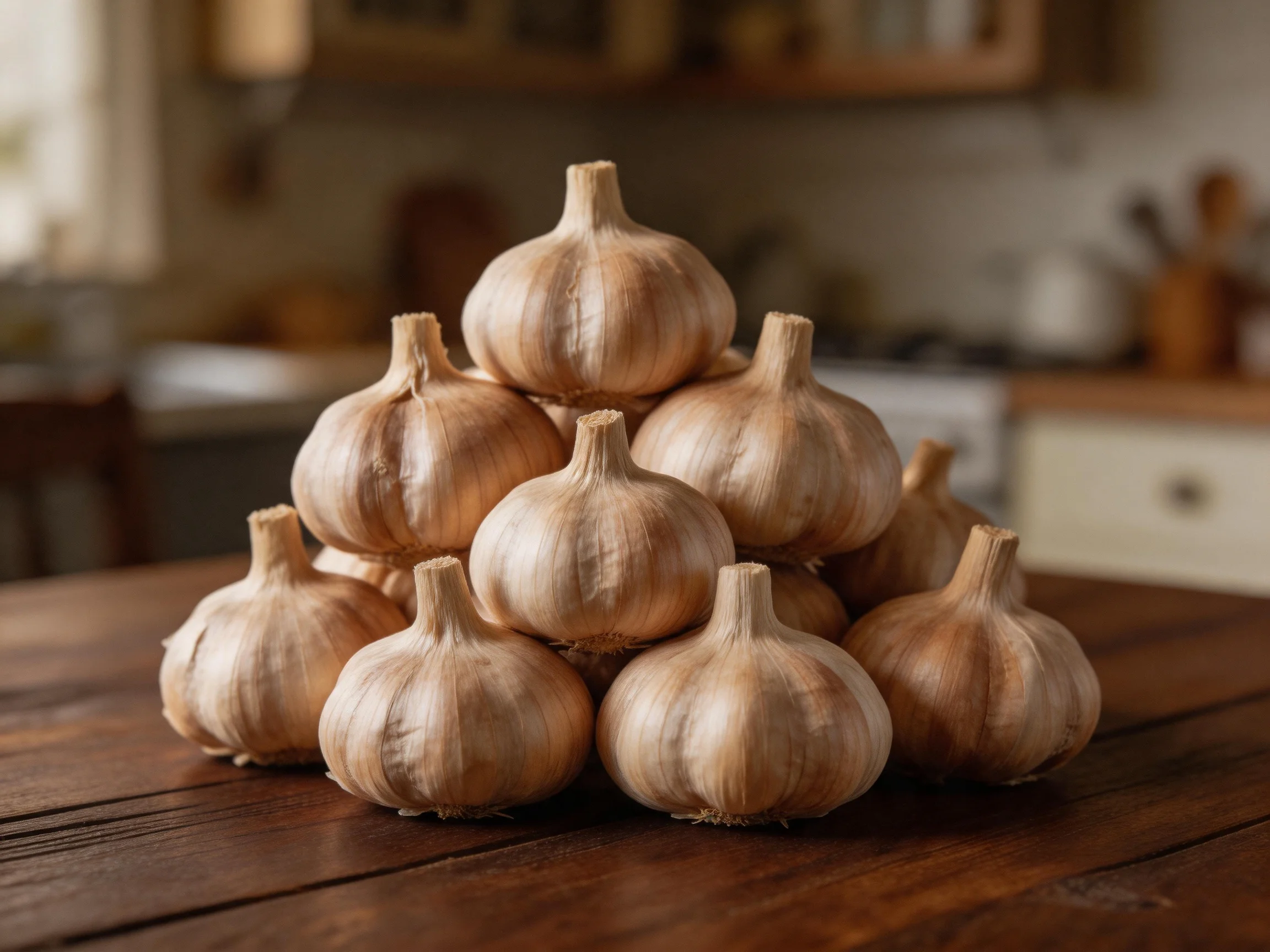 A pyramid of plump garlic bulbs stacked on a rustic wooden table