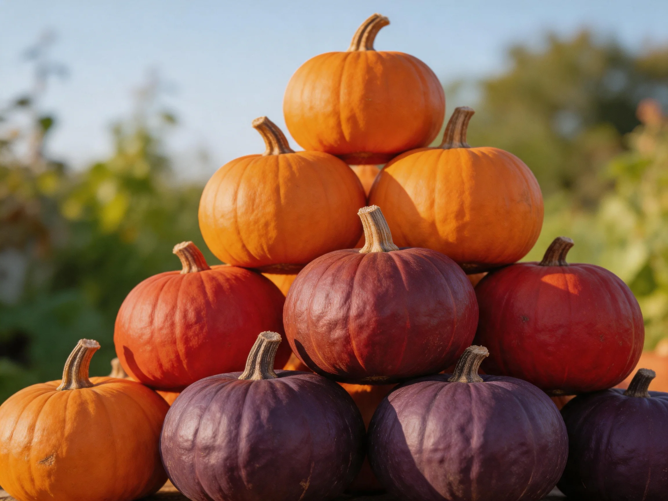 A pyramid of pumpkins in orange, red, and purple