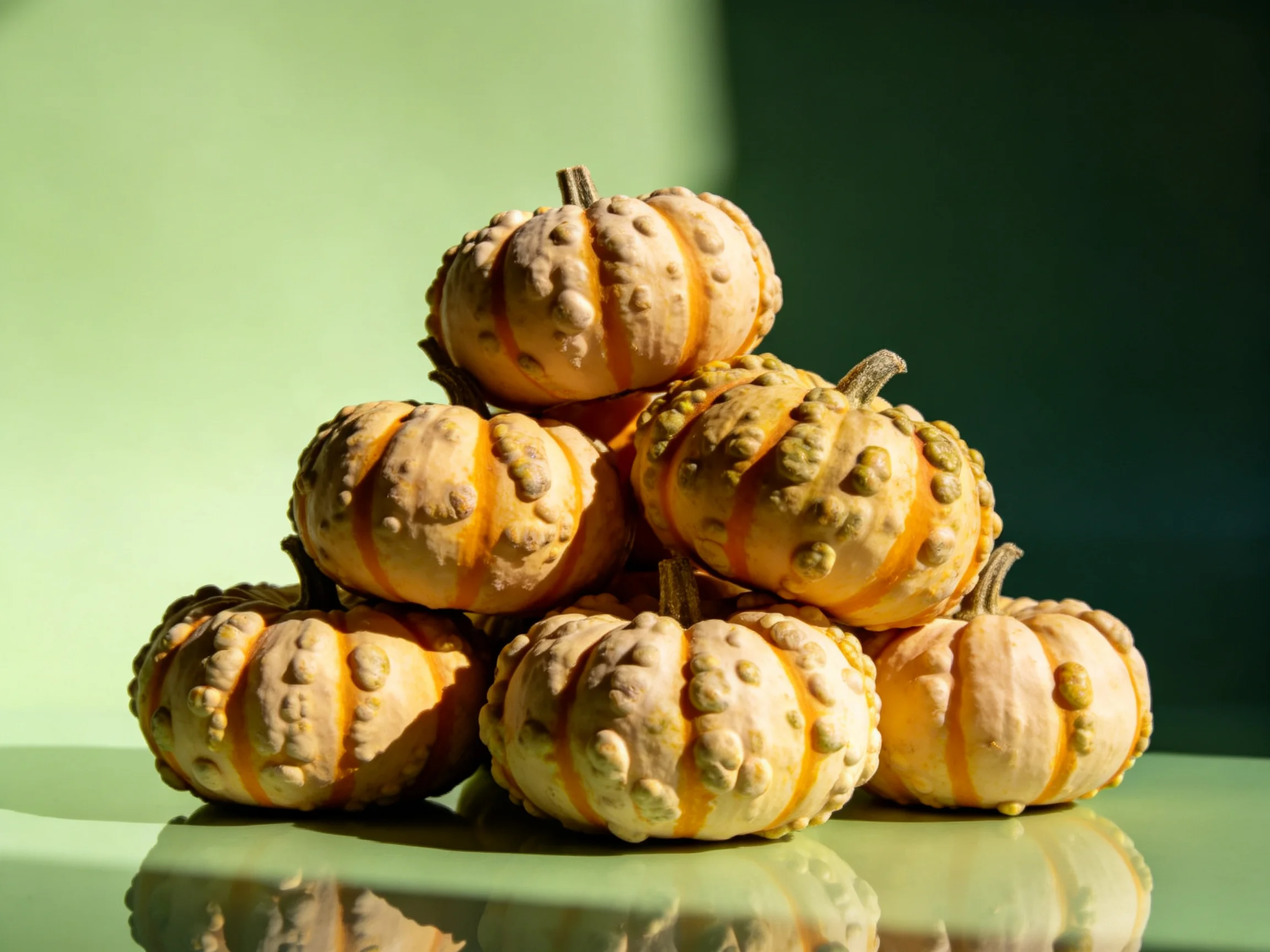A pyramid of small, bumpy orange and beige gourds stacked on a reflective surface.