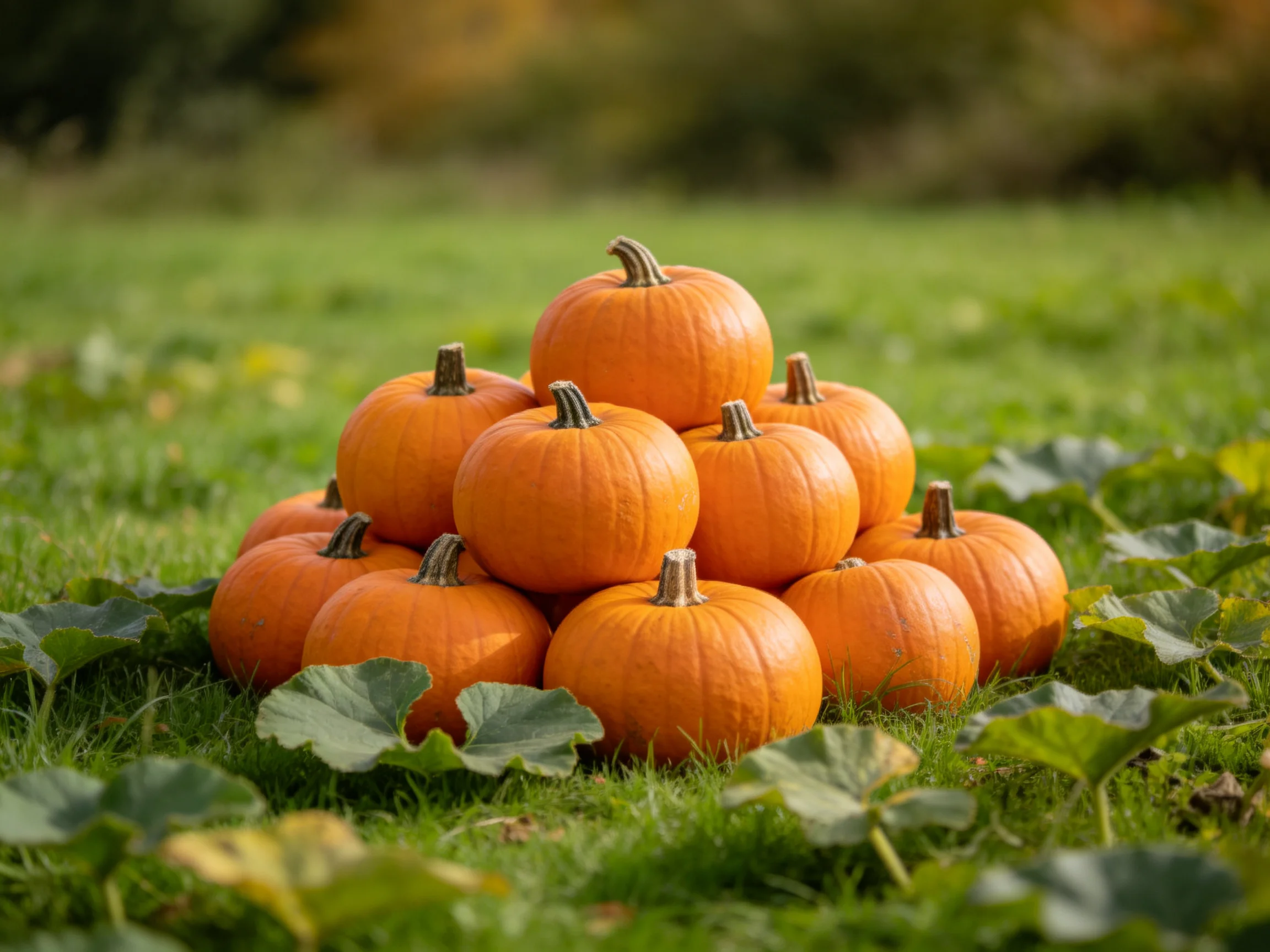 A pyramid of small orange pumpkins on a grassy field