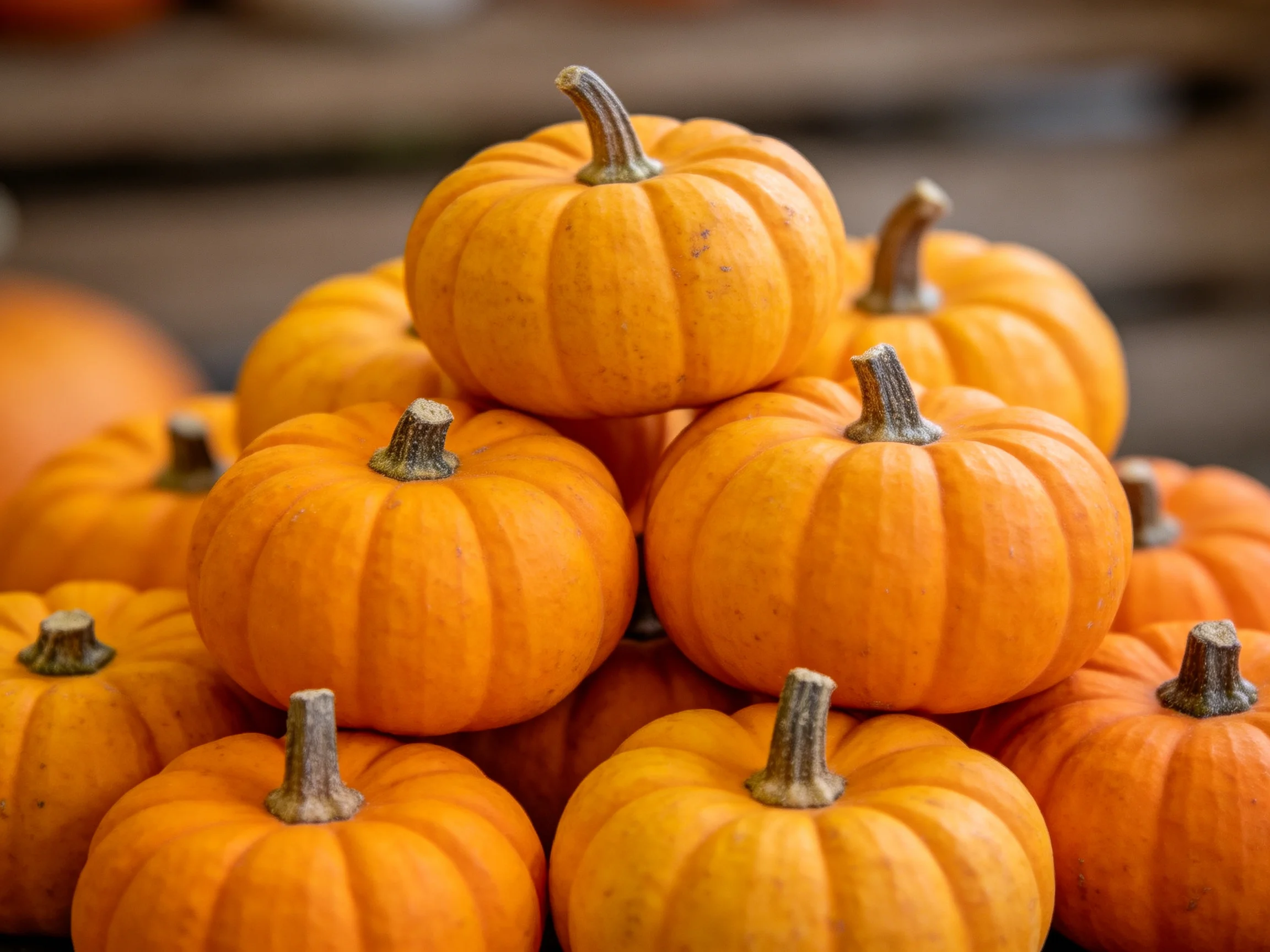 A pyramid of small orange pumpkins with textured exteriors