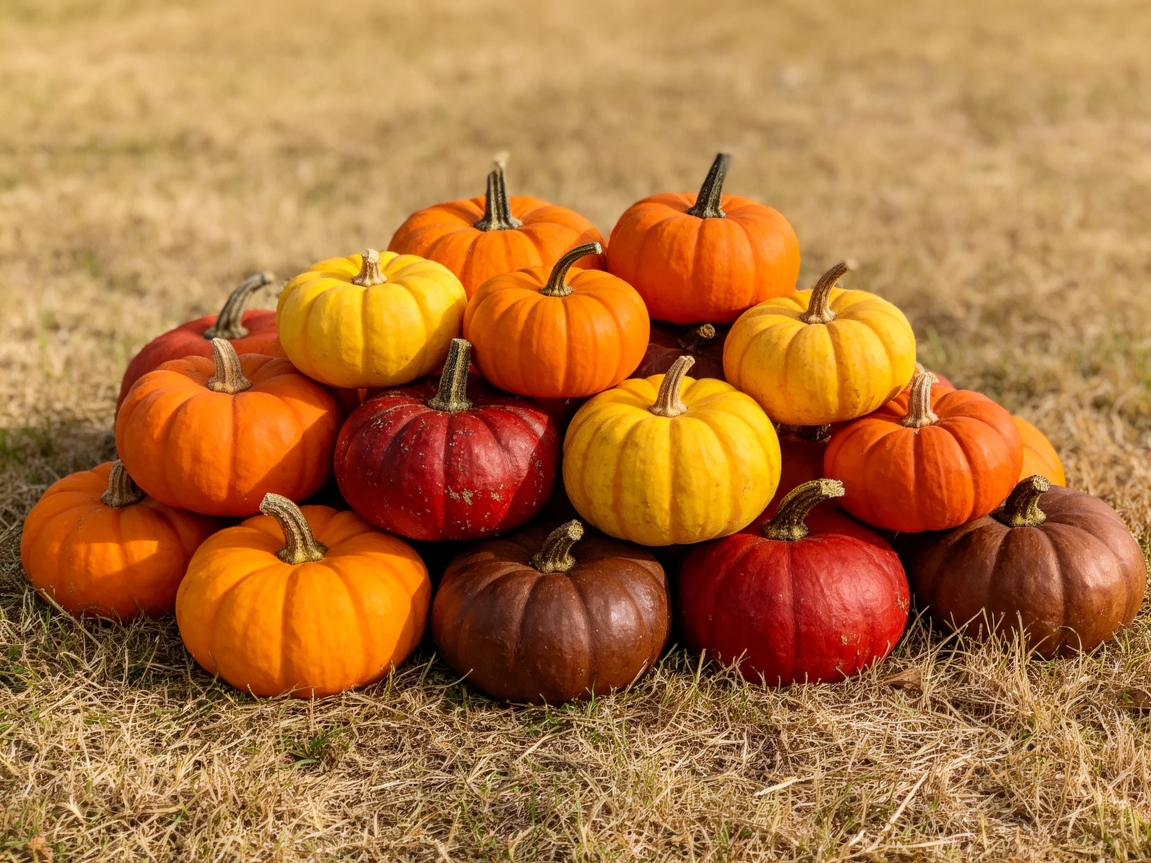 A pyramid of small pumpkins in autumnal hues on dry grass