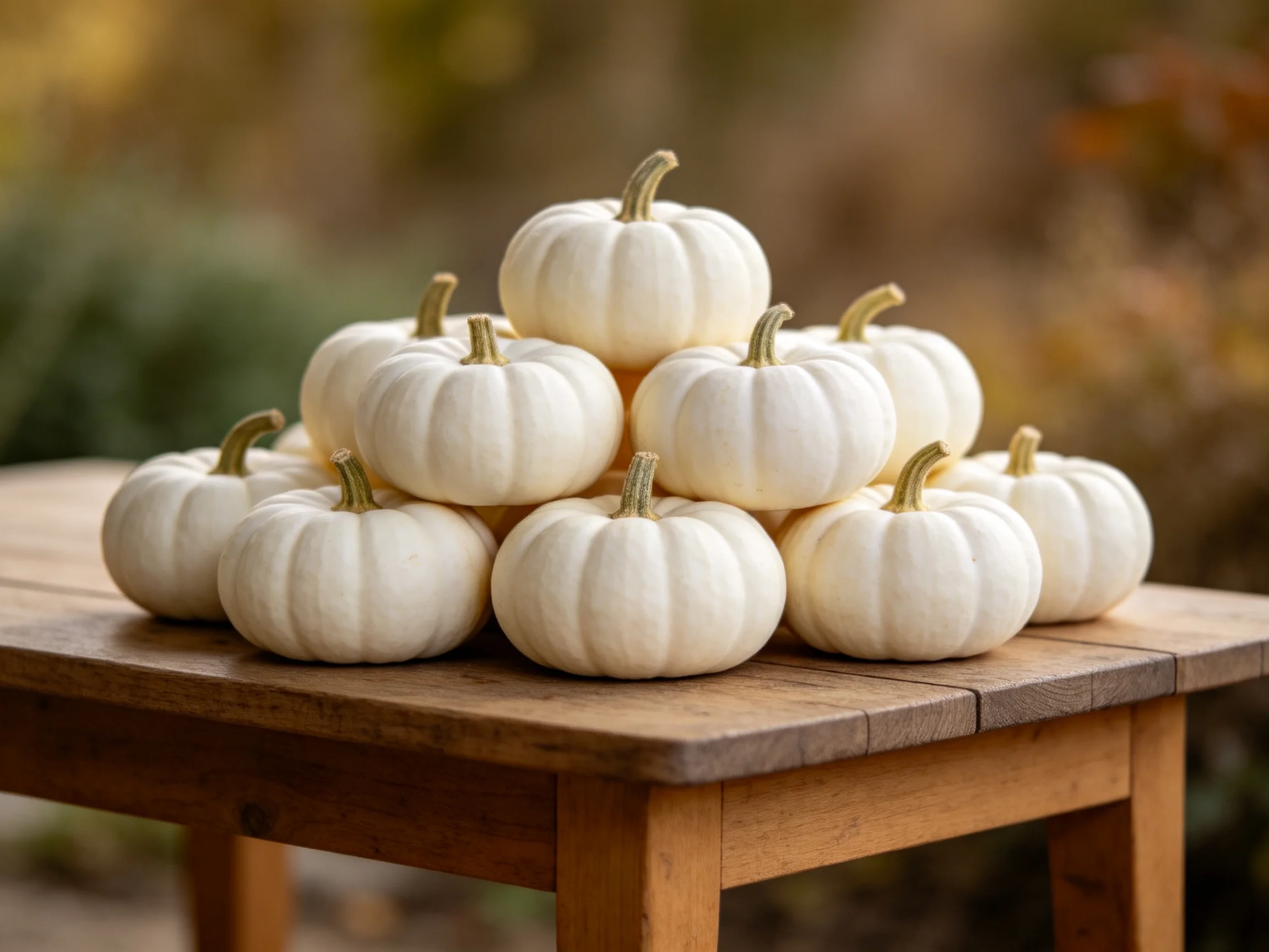 A pyramid of small white pumpkins arranged on a wooden table