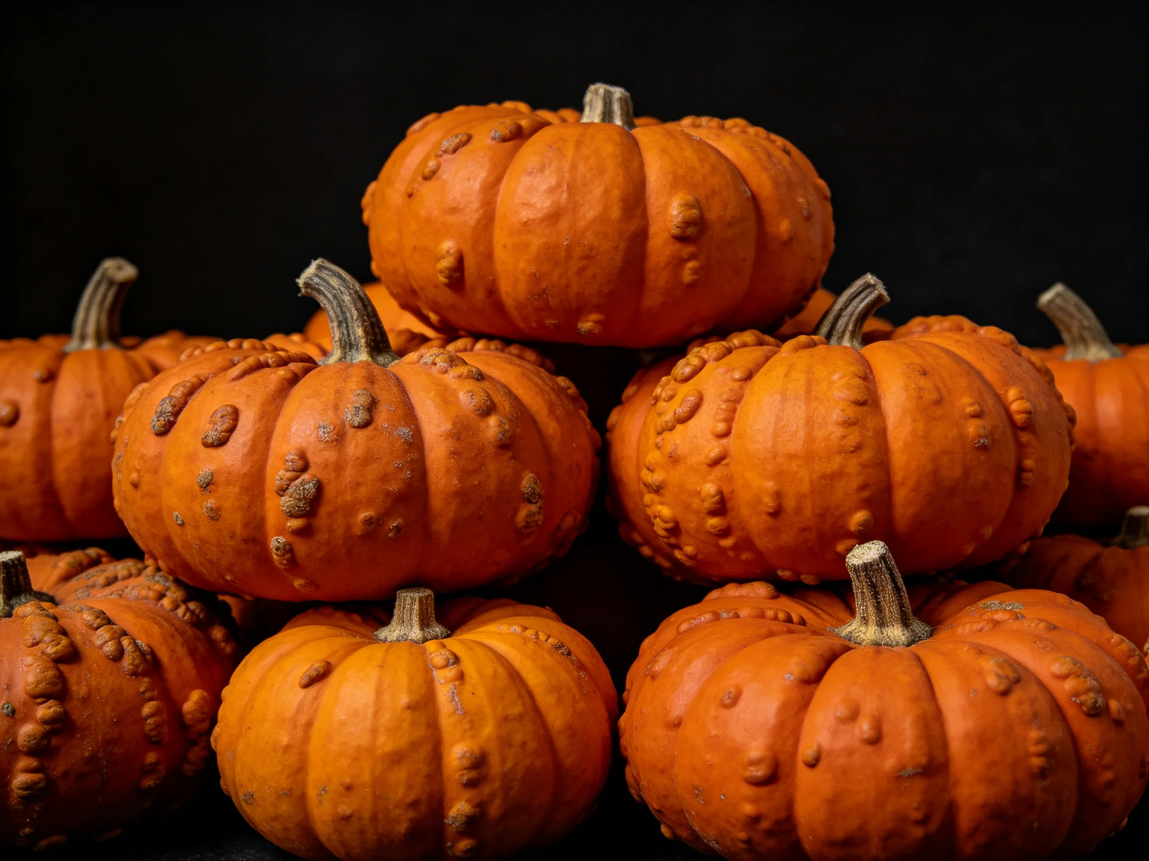 A pyramid of textured orange pumpkins stacked against a dark backdrop