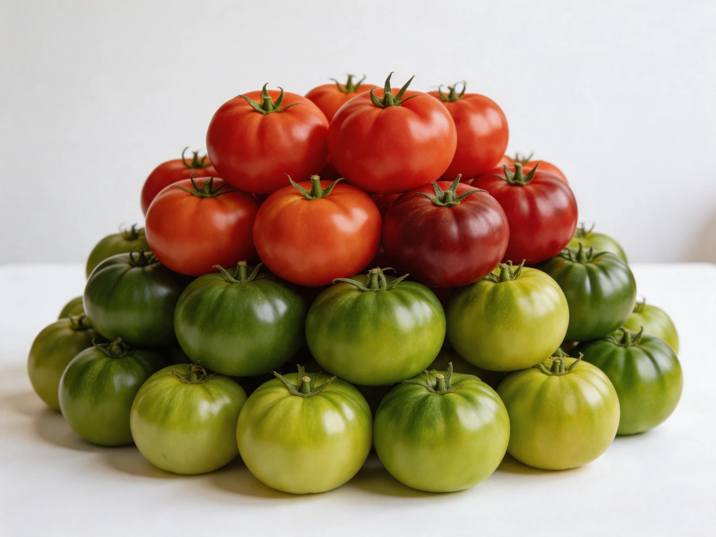 A pyramid of tomatoes displaying red, green, and yellow-green varieties