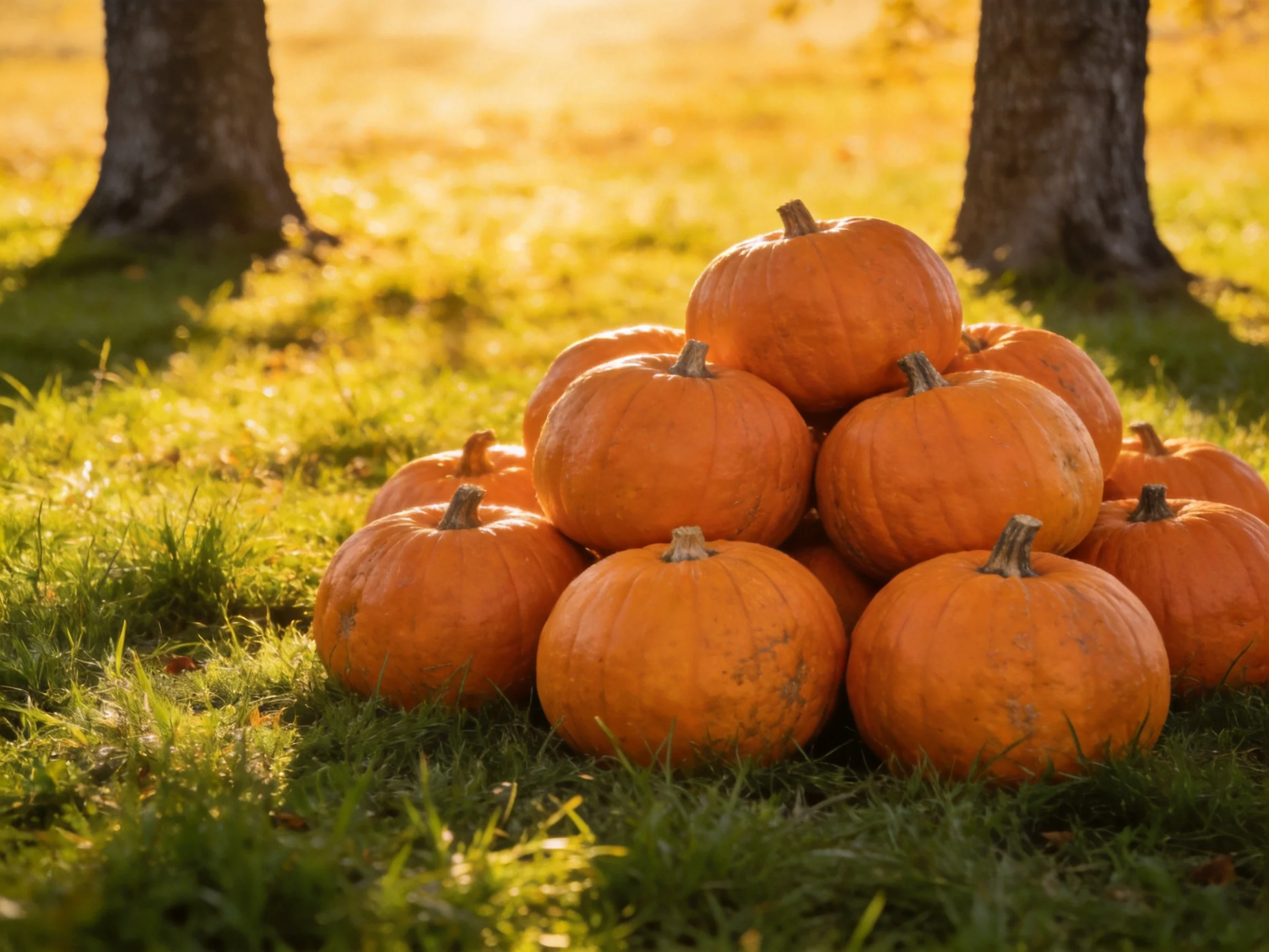 A pyramid of twelve orange pumpkins on green grass near trees