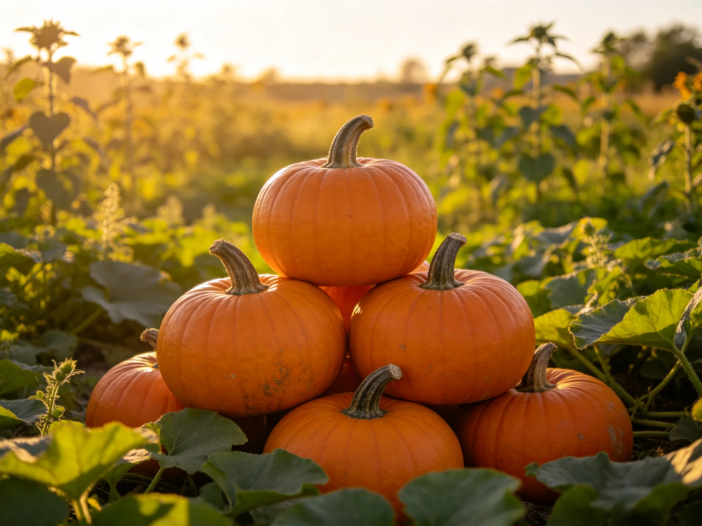 A pyramid of vibrant orange pumpkins arranged in a sunlit farm field