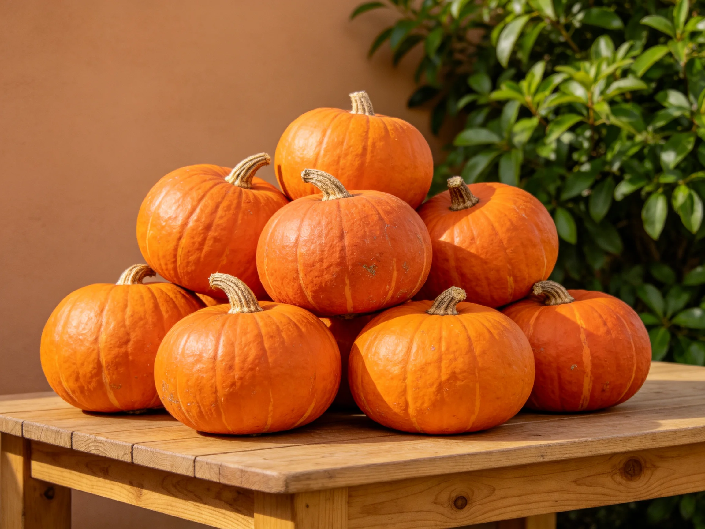 A pyramid of vibrant orange pumpkins arranged on a wooden table