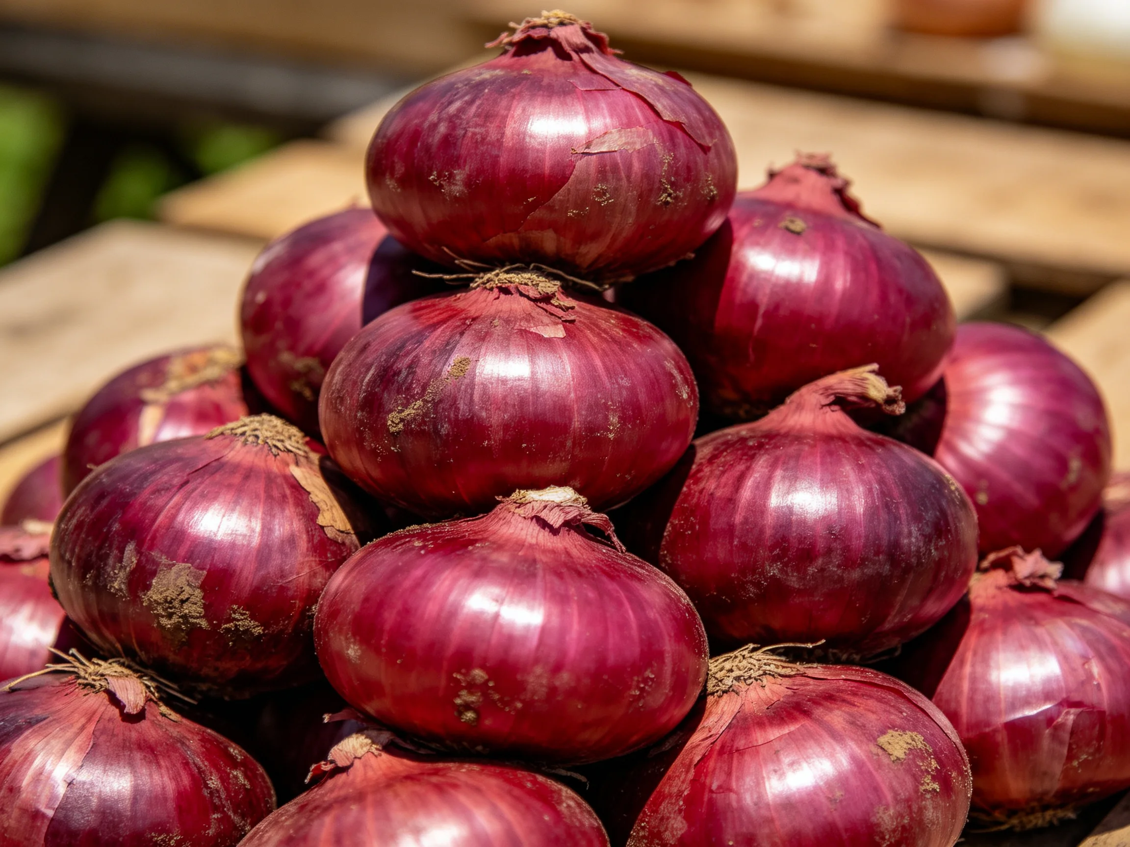 A pyramid of vibrant red onions stacked on a wooden surface